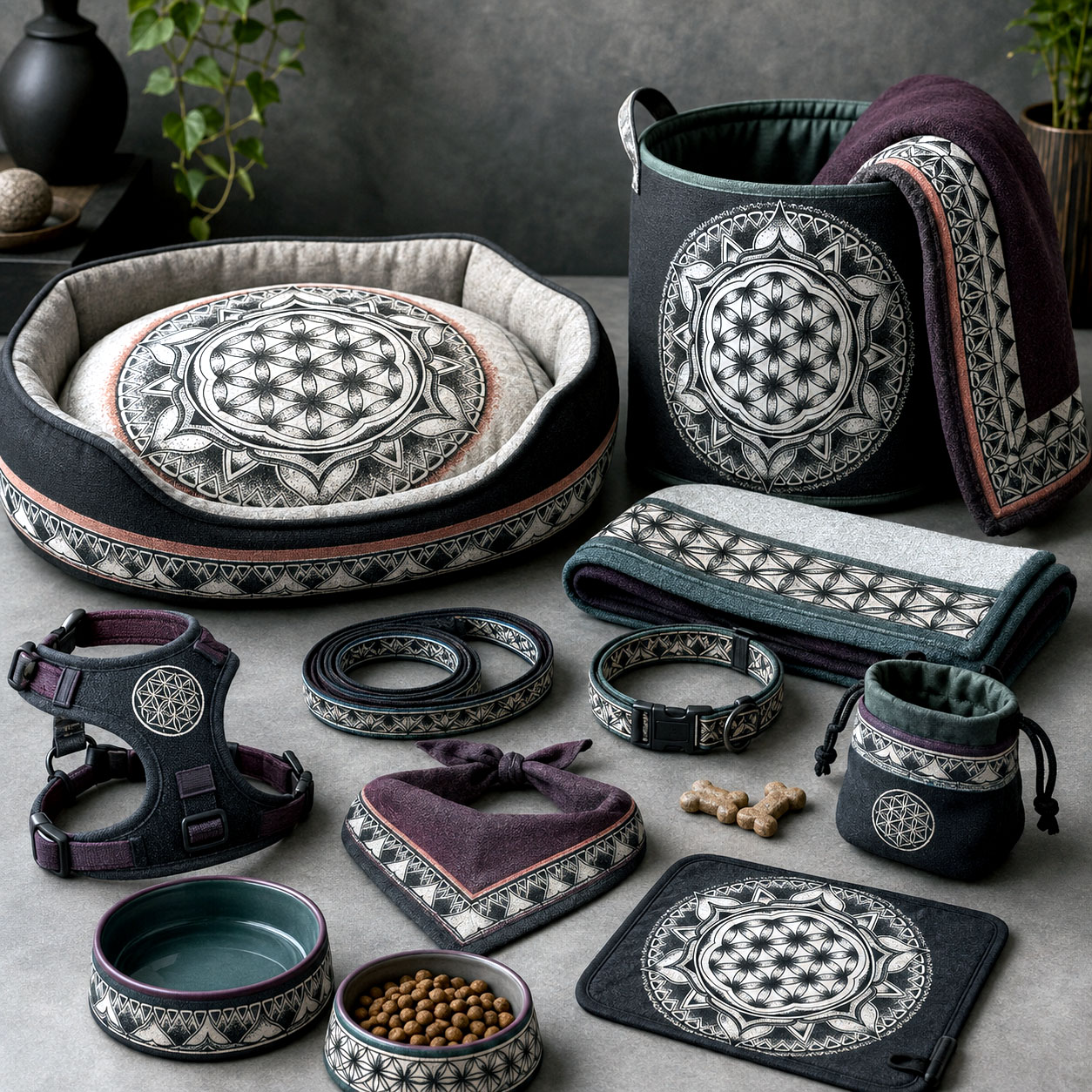 Pet accessories featuring the Flower of Life design system.