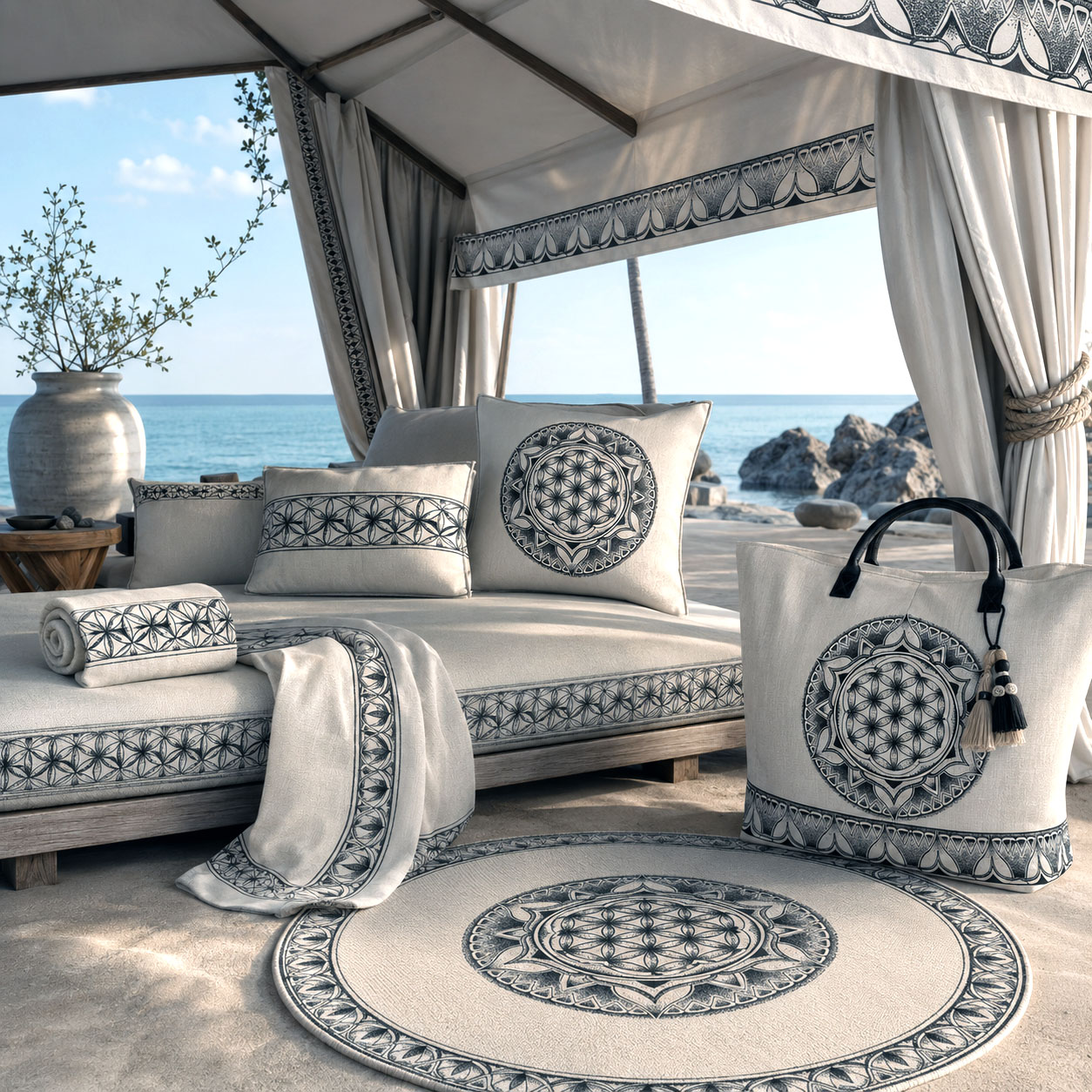 Outdoor living products featuring the Flower of Life design system.