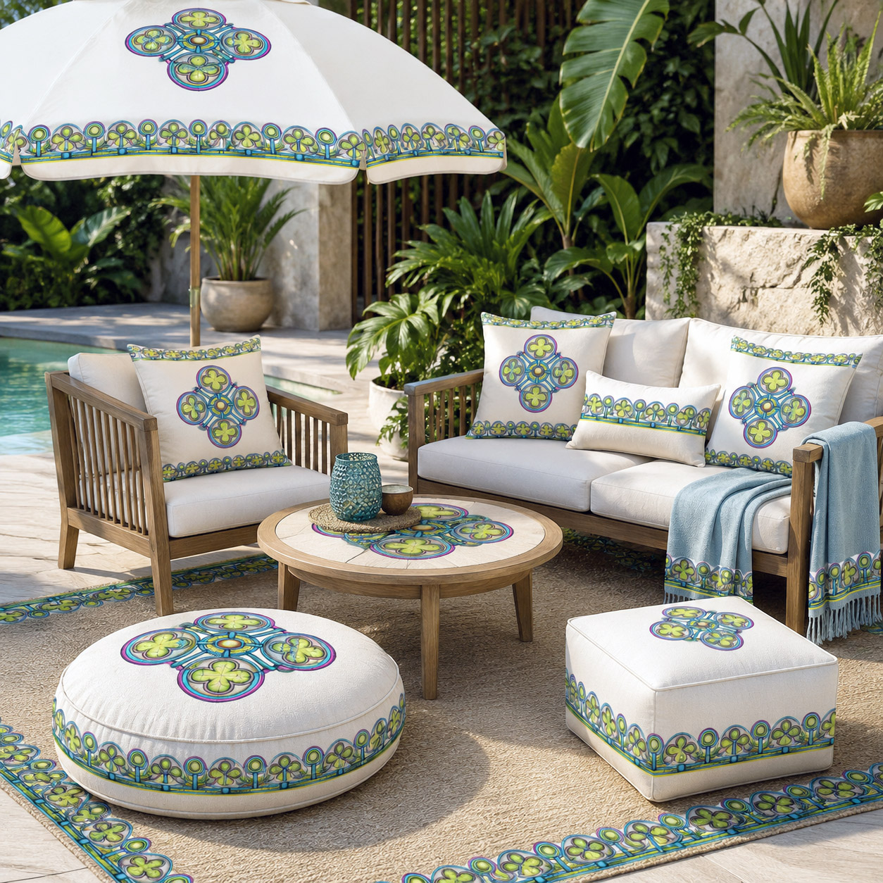 Outdoor living products featuring the Ancestral Luck design system.