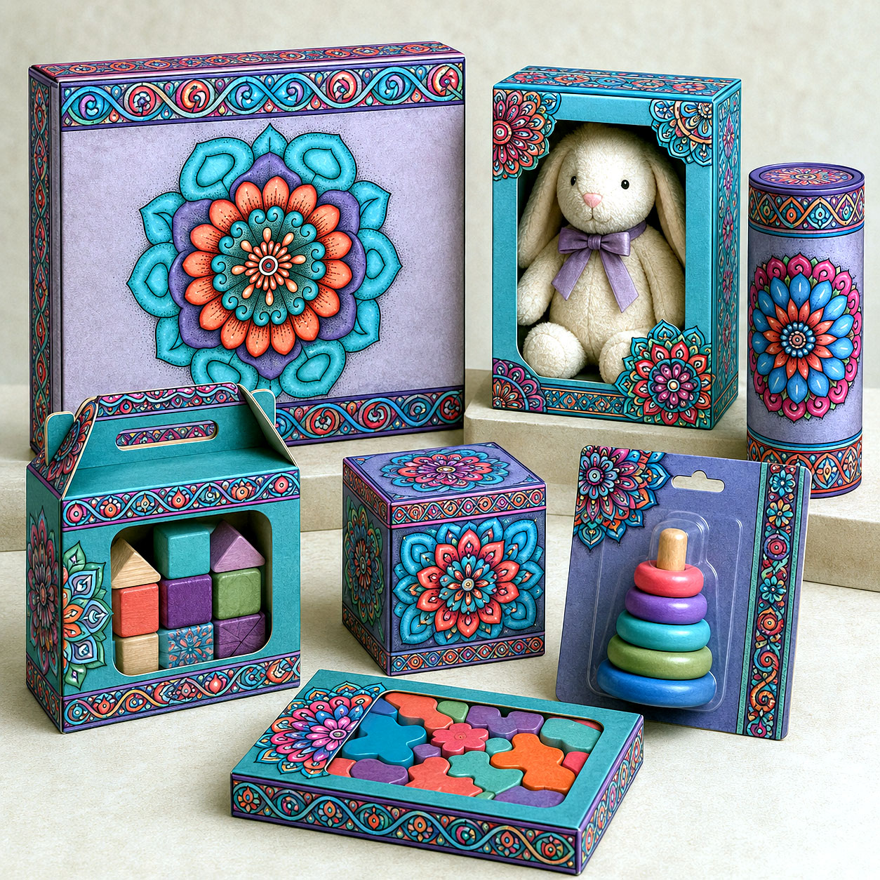 Toy packaging featuring Mandala Collage 4.