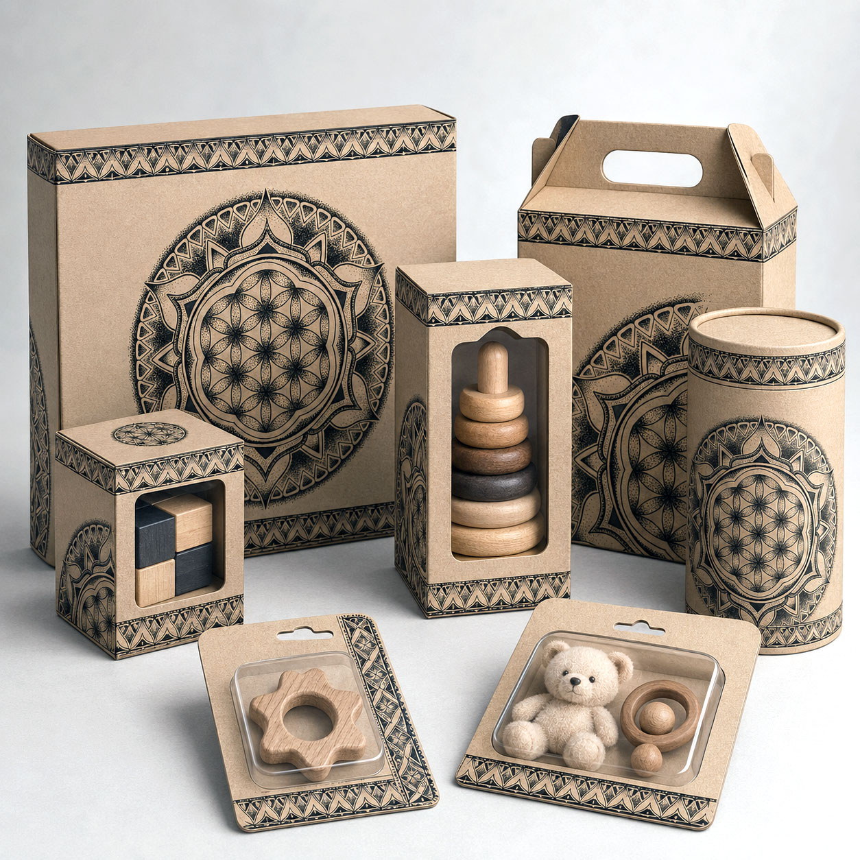 Toy packaging featuring the Flower of Life design system.