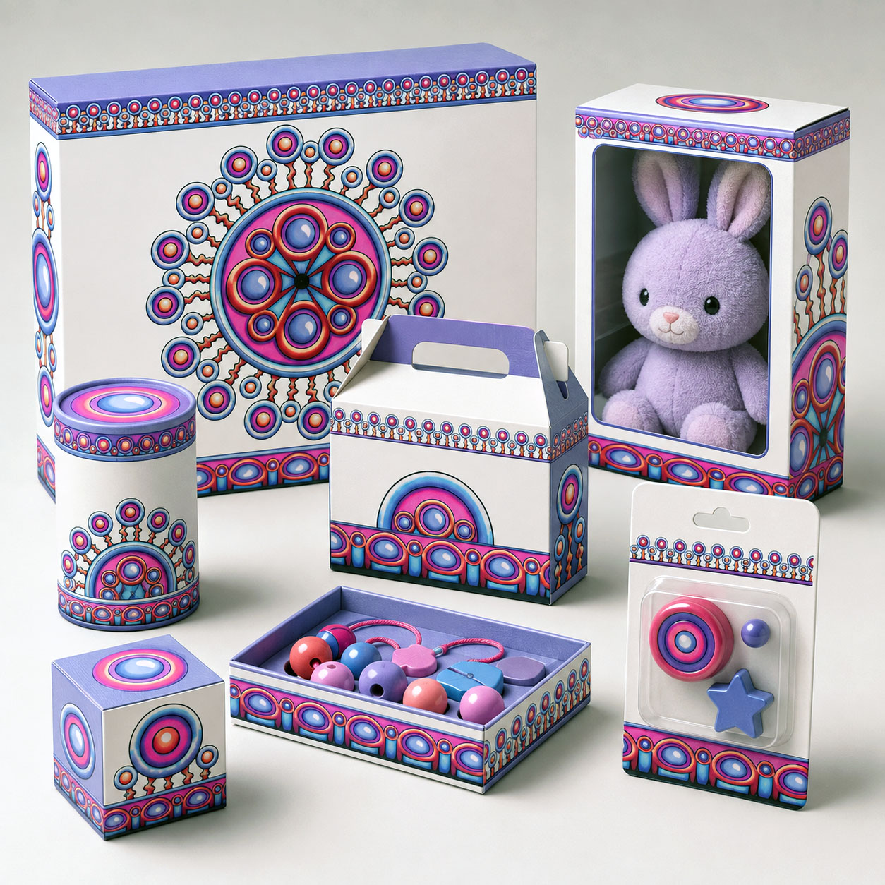 Toy packaging featuring the Corona de Mandala design system.