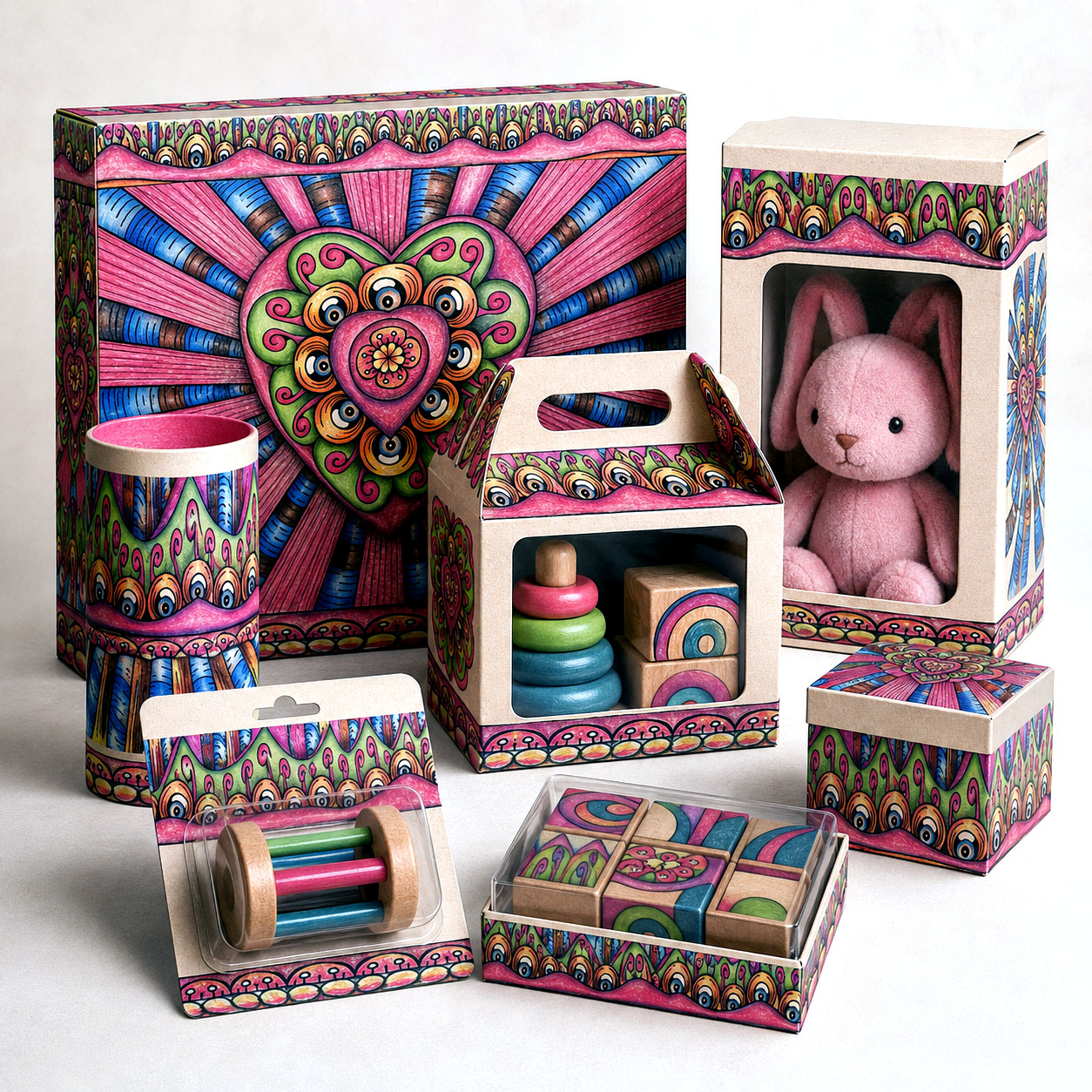 Toy packaging featuring the Bursting Heart design system.