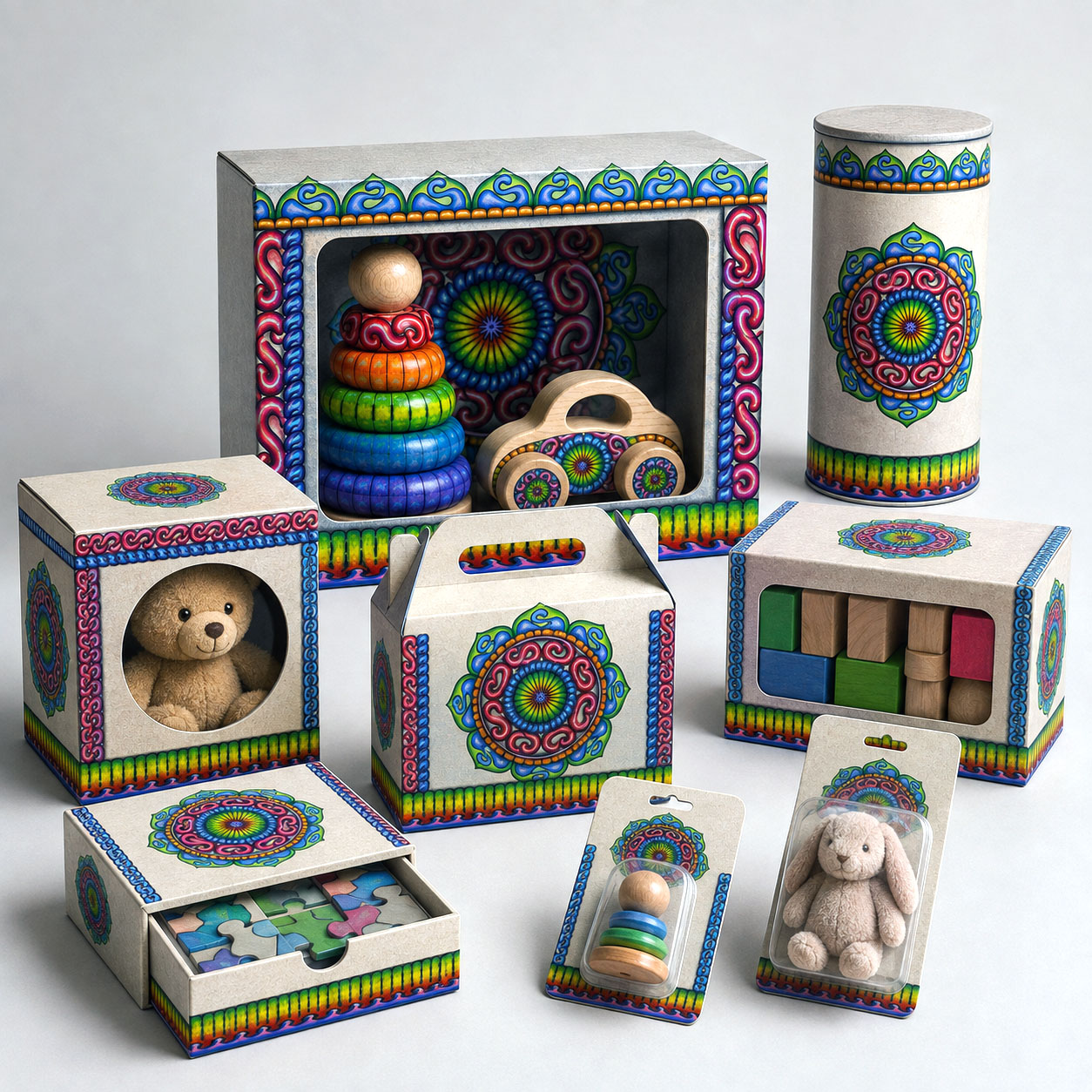 Toy packaging featuring the Grounded Core design system.