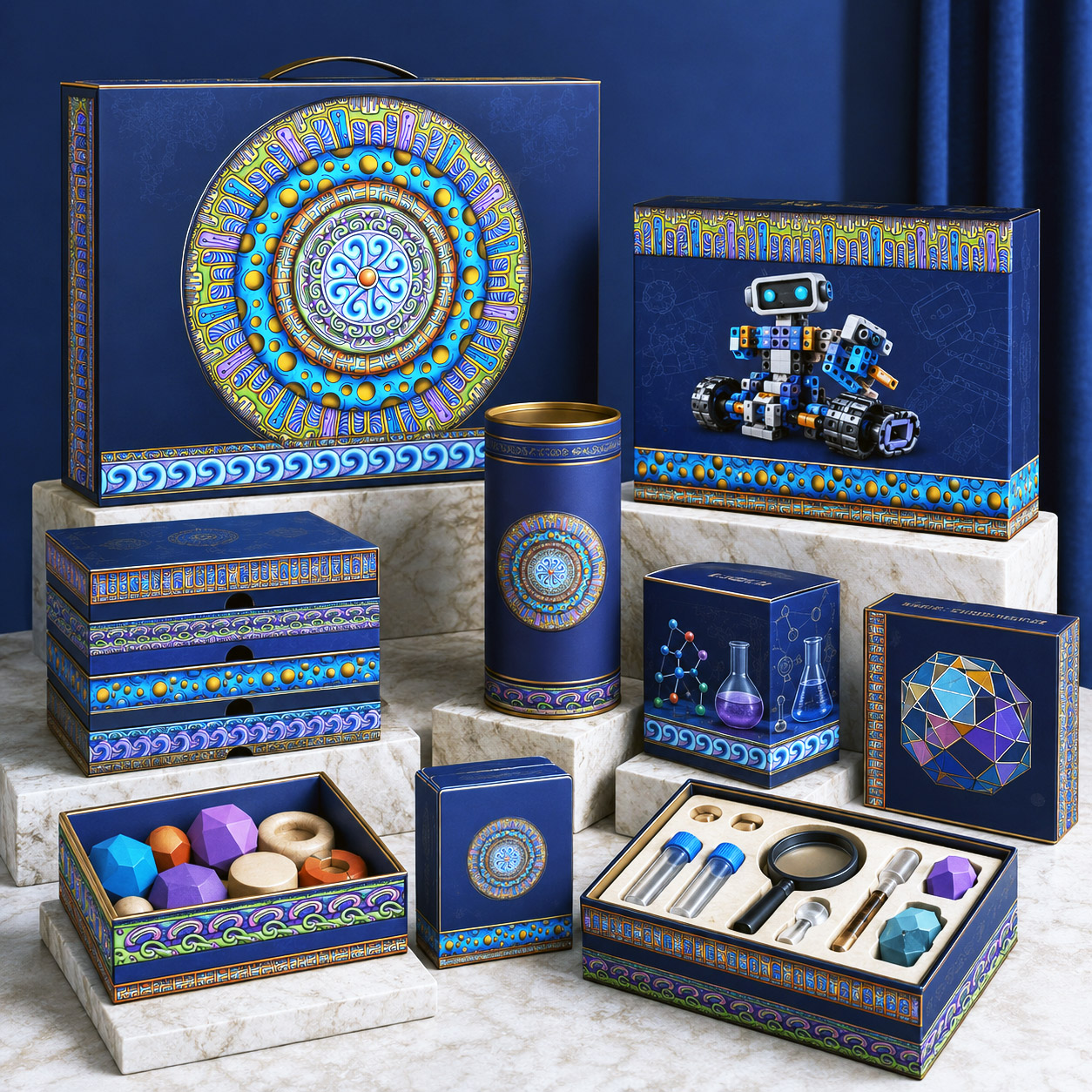 STEM and toy packaging featuring the Blue Dream design system.