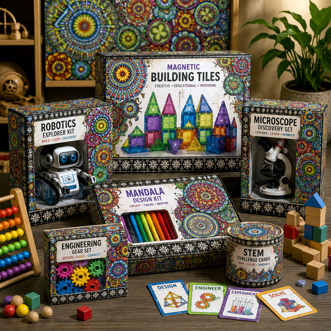 STEM and toy packaging featuring Mandala Collage 6.
