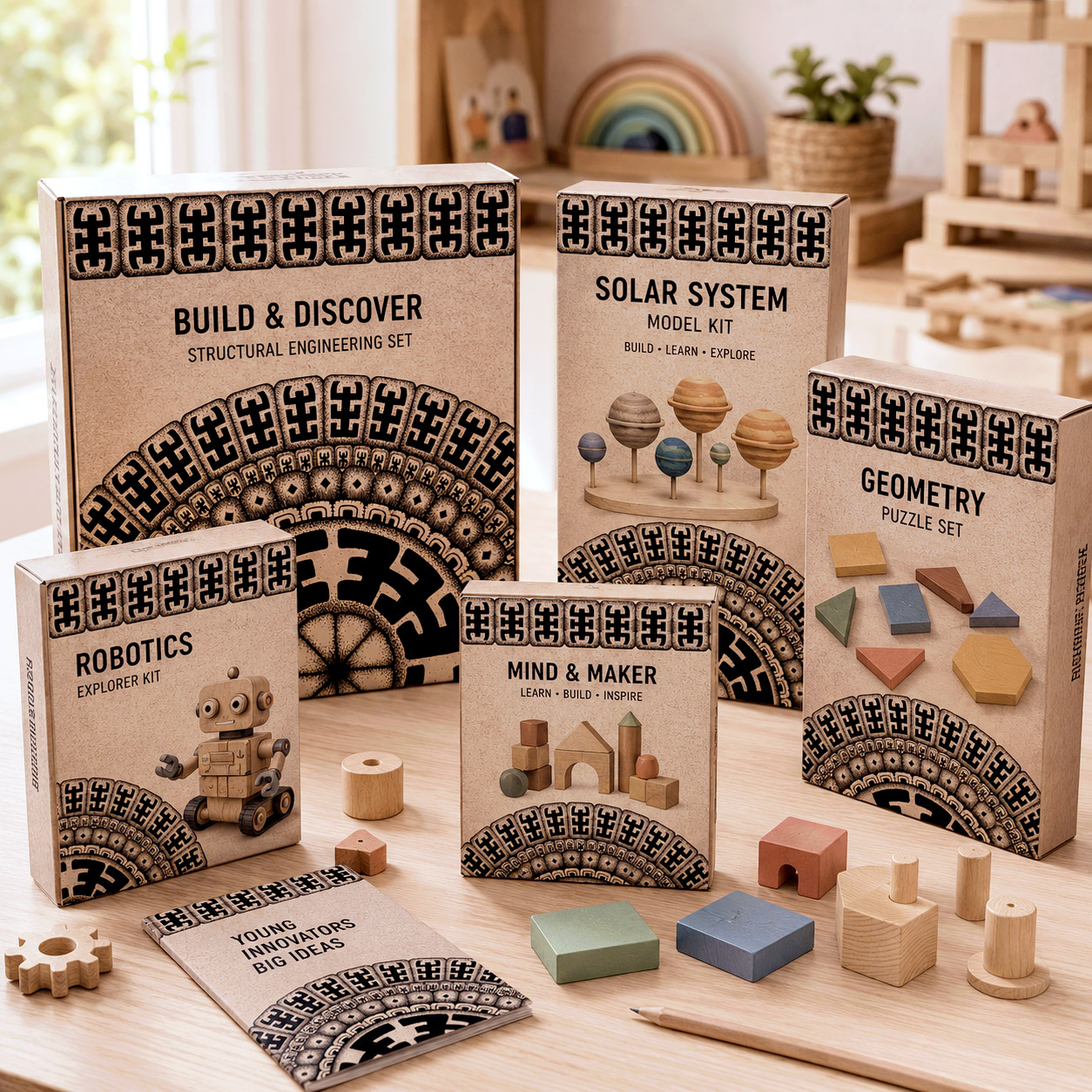 Toy packaging featuring the Komo design system.