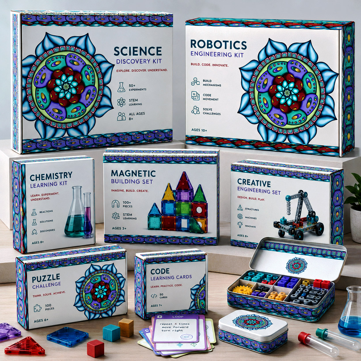 STEM and construction toy packaging featuring the Atom Heart Flower design system.