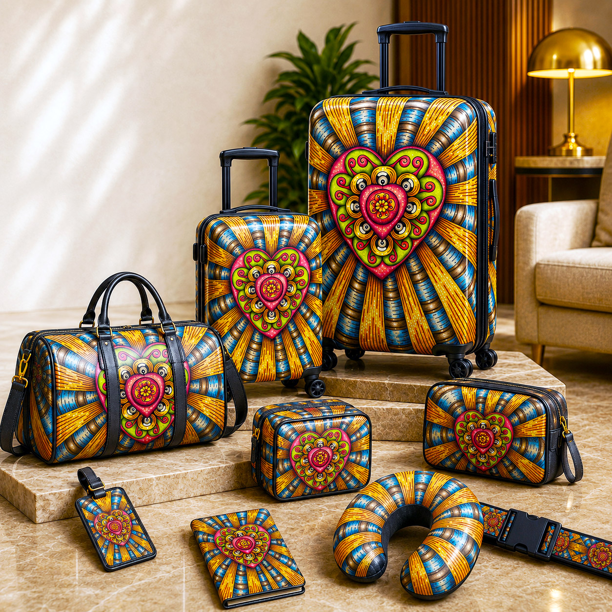 Premium luggage and travel accessories featuring the Bursting Heart design system.