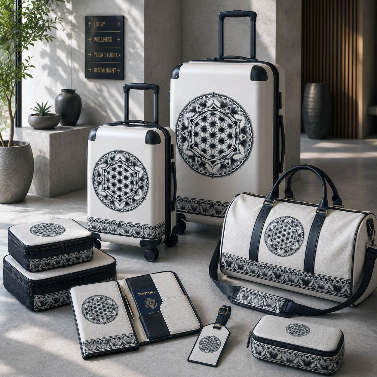 Premium luggage and travel accessories featuring the Flower of Life design system.
