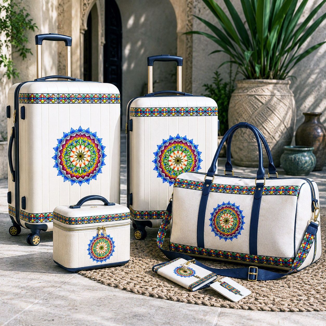 Premium luggage and travel accessories featuring the 420 Sacred Geometry design system.