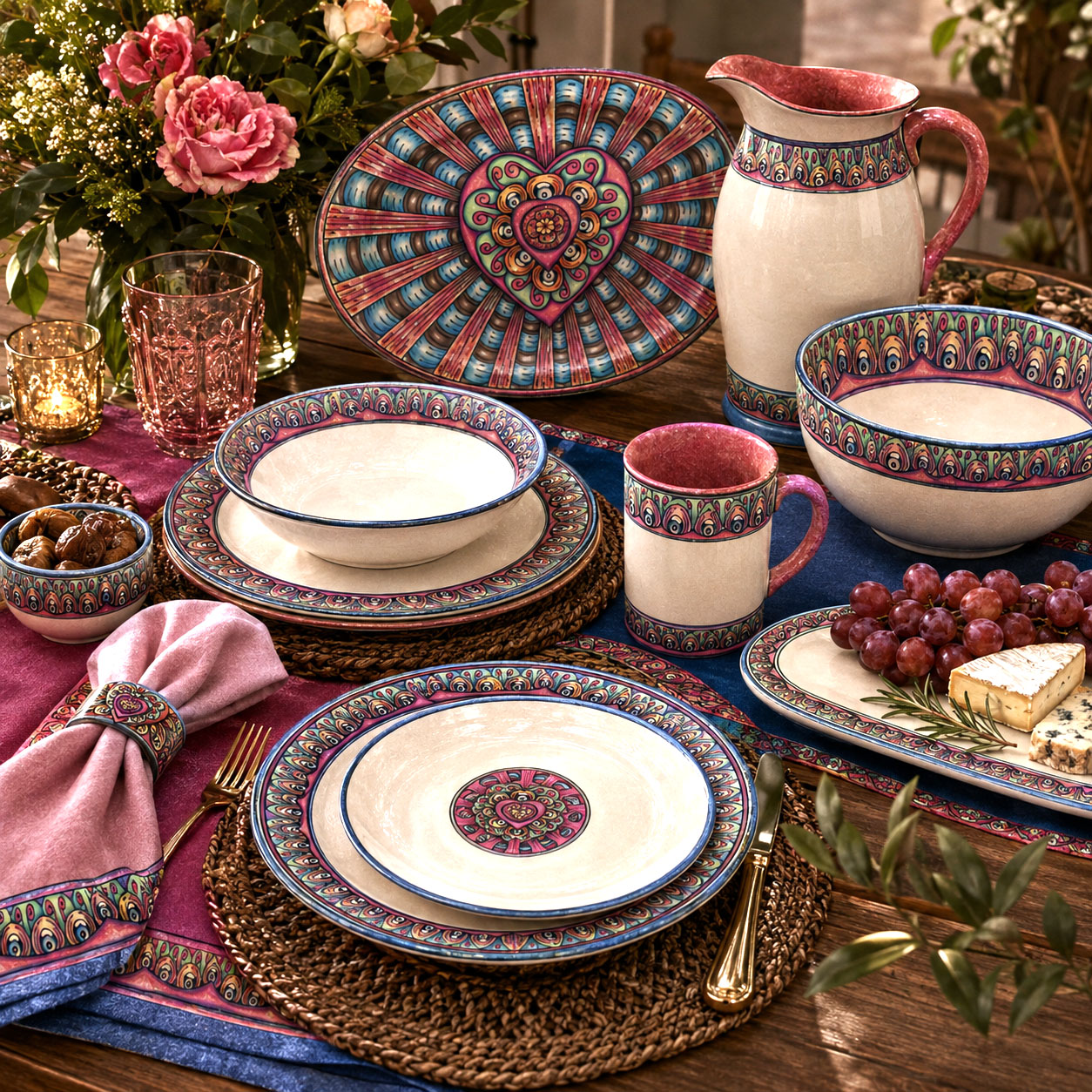 Tableware and entertaining products featuring the Bursting Heart design system.