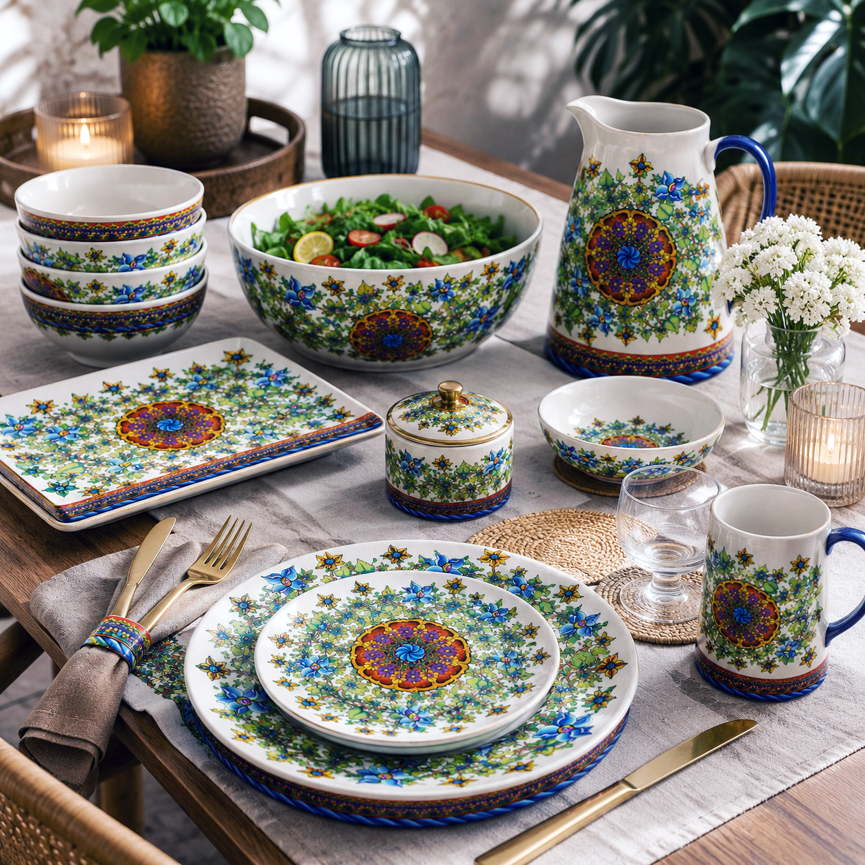 Tableware and entertaining products featuring the Wall Flowers design system.
