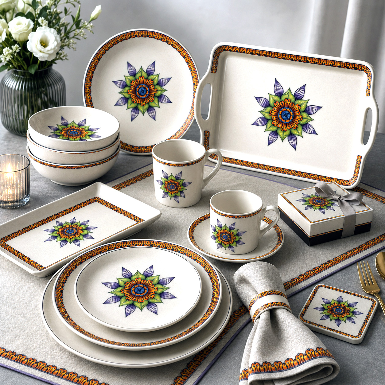 Tableware and entertaining products featuring the Ethereal design system.