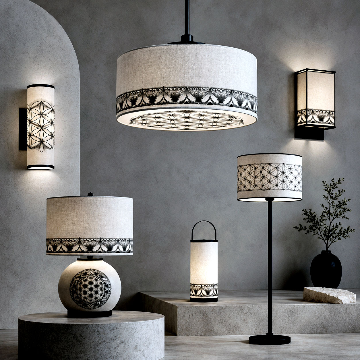 Contemporary lighting featuring the Flower of Life design system.