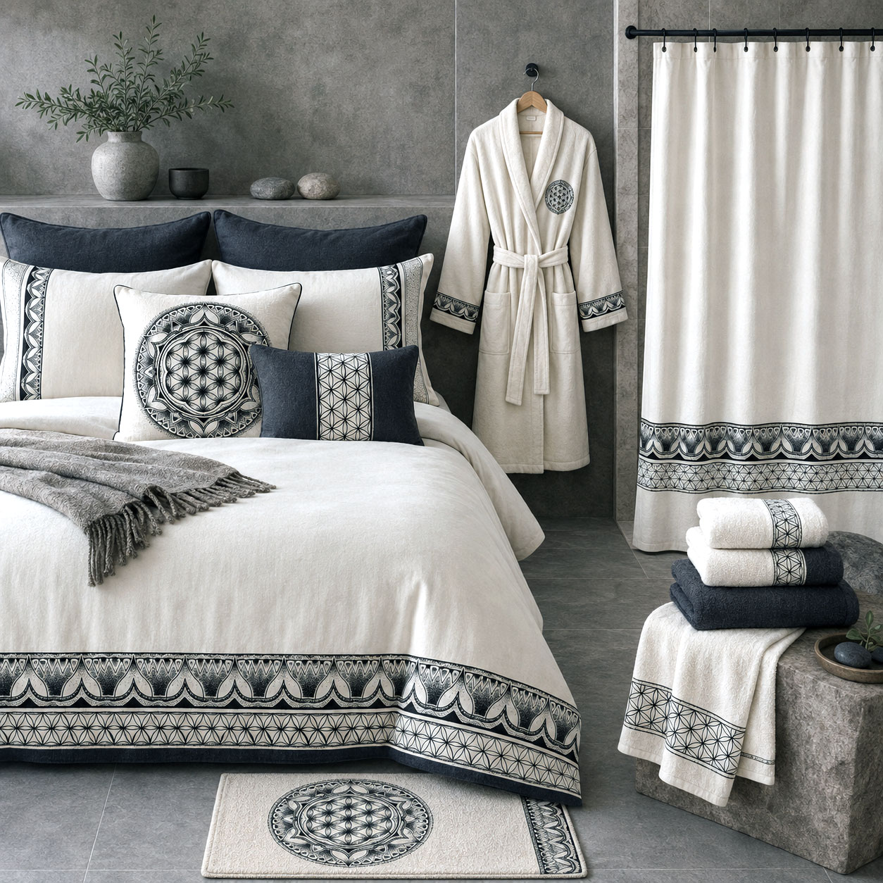 Bed and bath products featuring the Flower of Life design system.