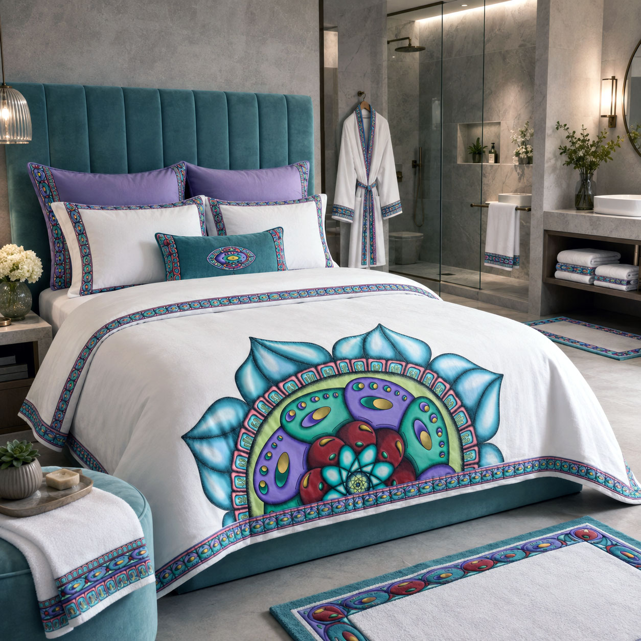 Bed and bath products featuring the Atom Heart Flower design system.