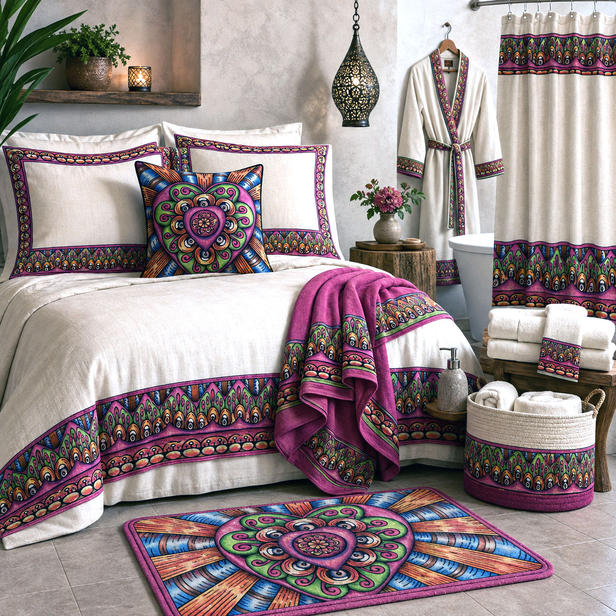 Bed and bath products featuring the Bursting Heart design system.