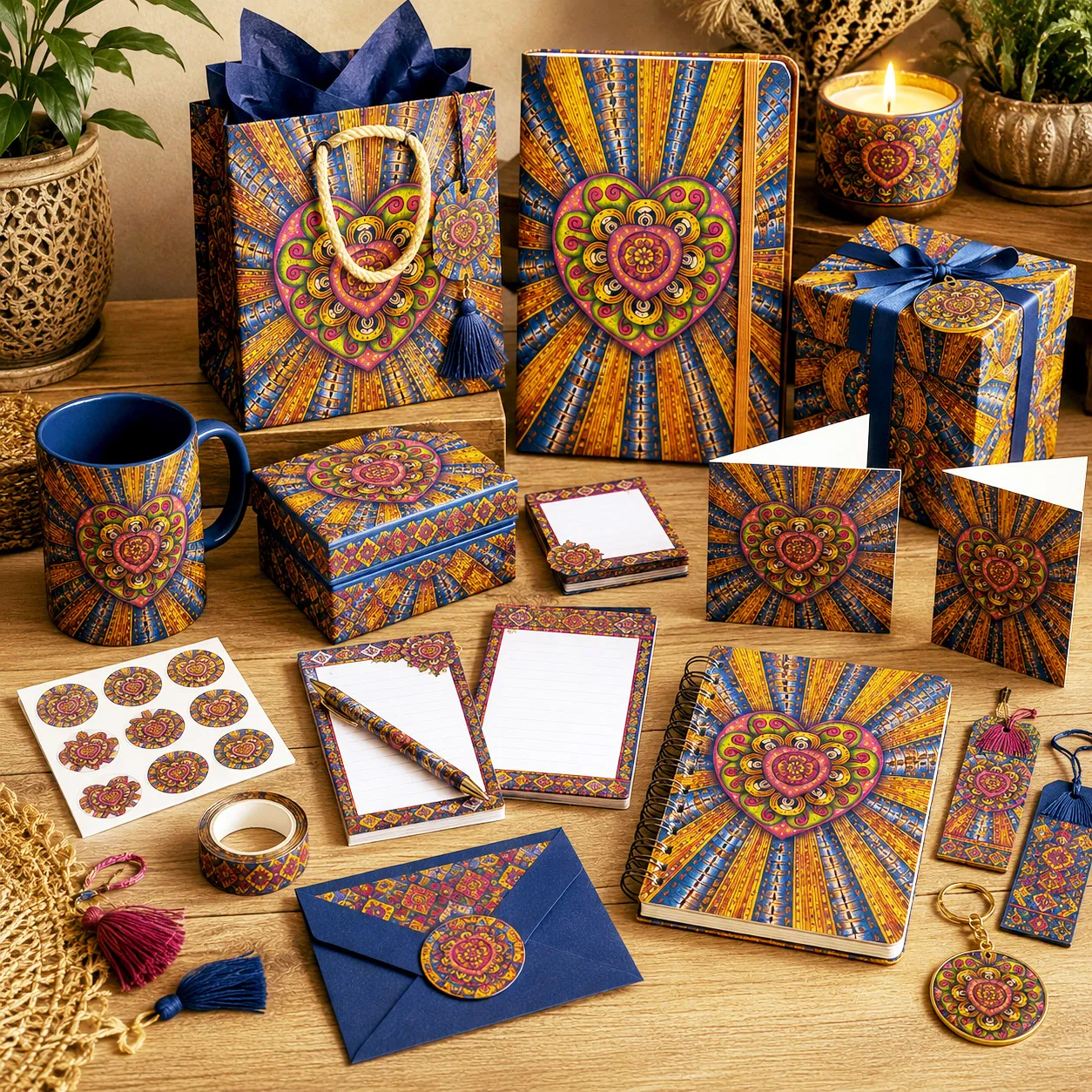 Gift and stationery products featuring the Bursting Heart design system.