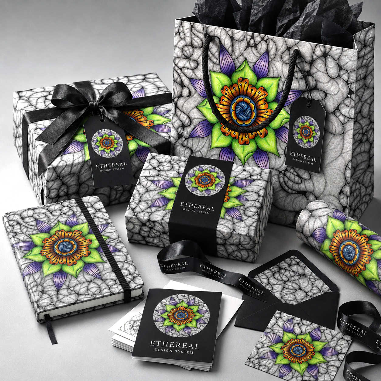 Stationery, journals, and gift packaging featuring the Ethereal design system.