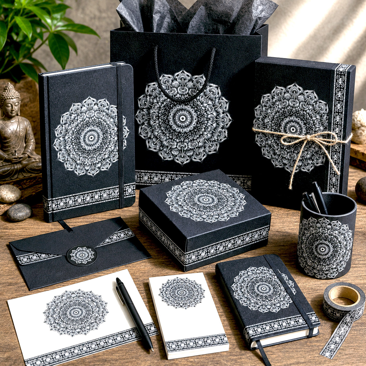 Stationery, journals, and gift packaging featuring the Interconnection design system.