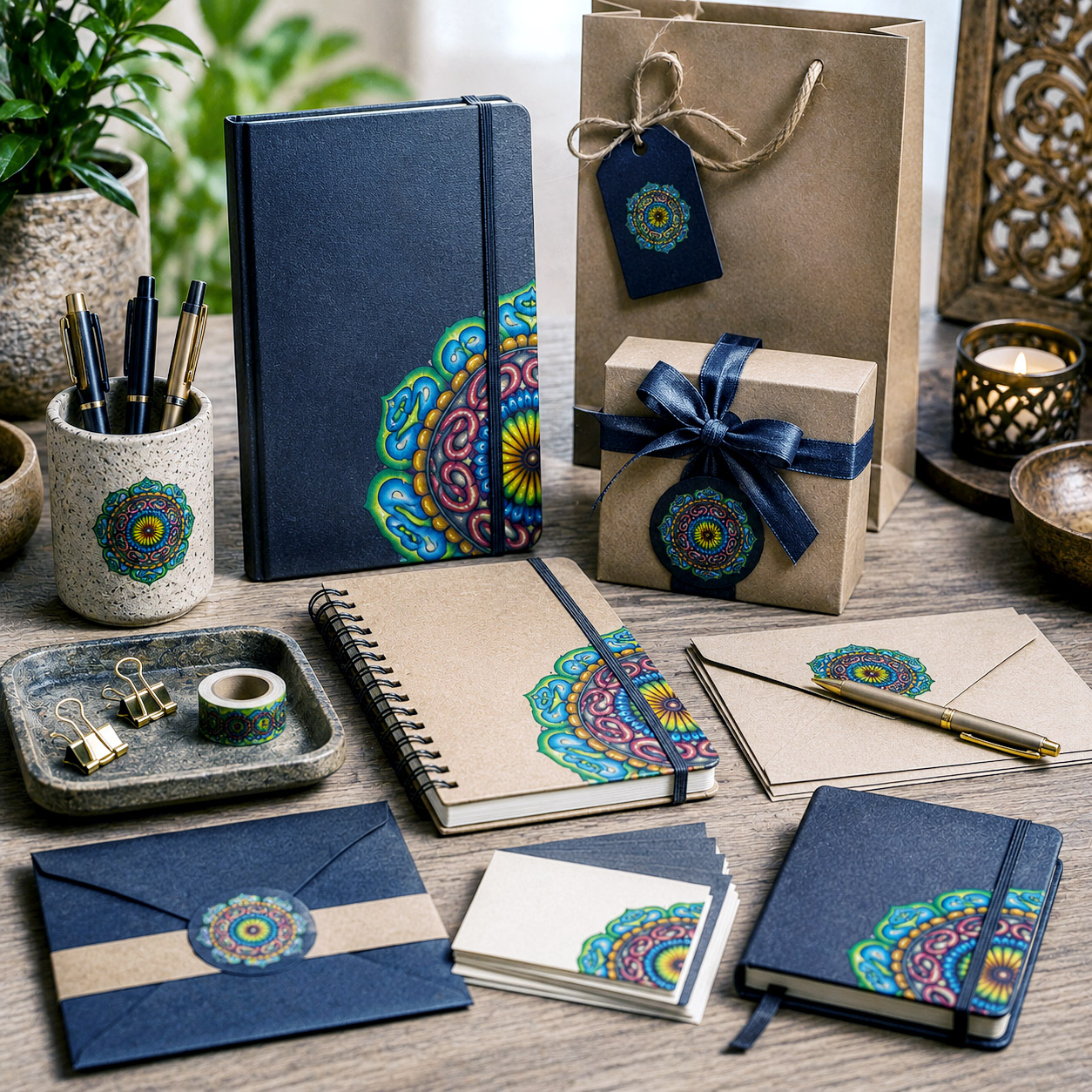 Stationery, journals, and gift packaging featuring the Grounded Core design system.