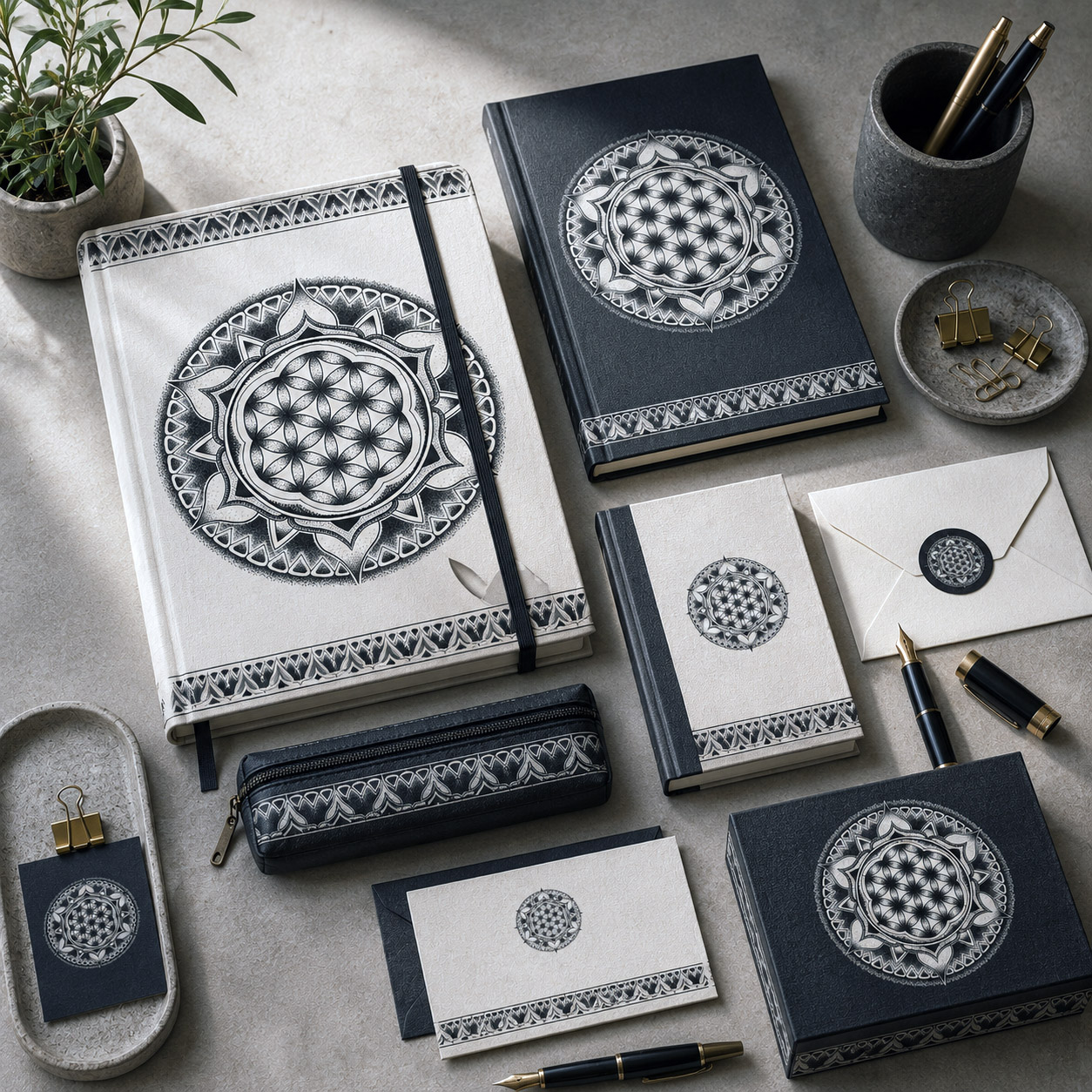 Stationery, journals, and gift products featuring the Flower of Life design system.