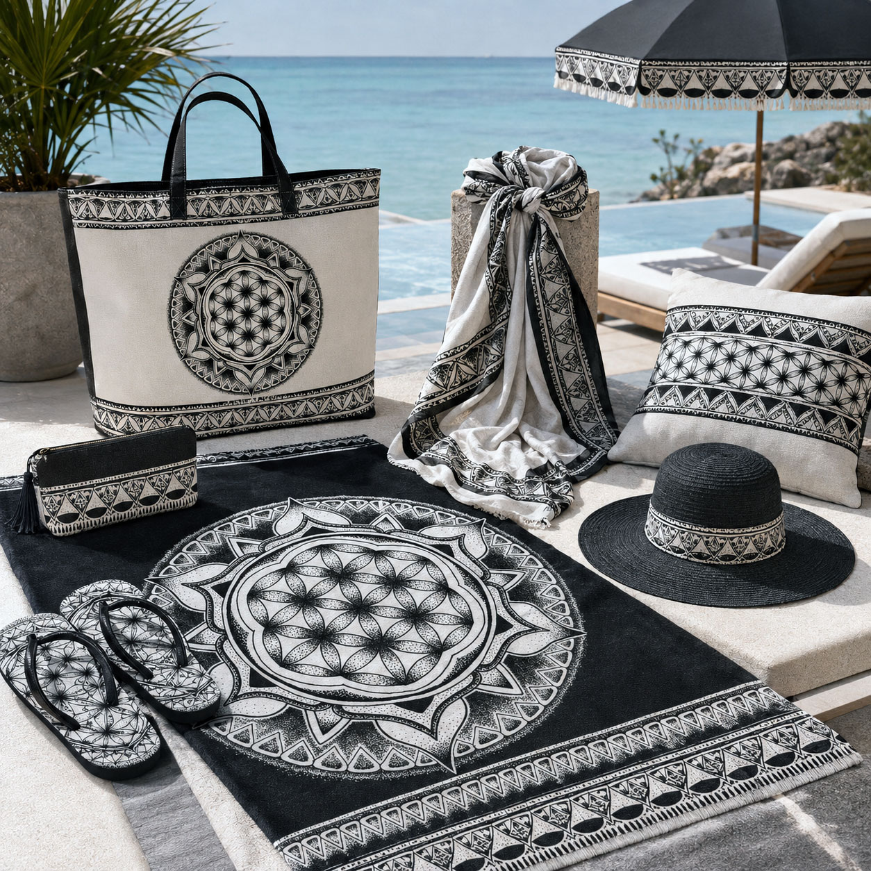Beach and resort products featuring the Flower of Life design system.