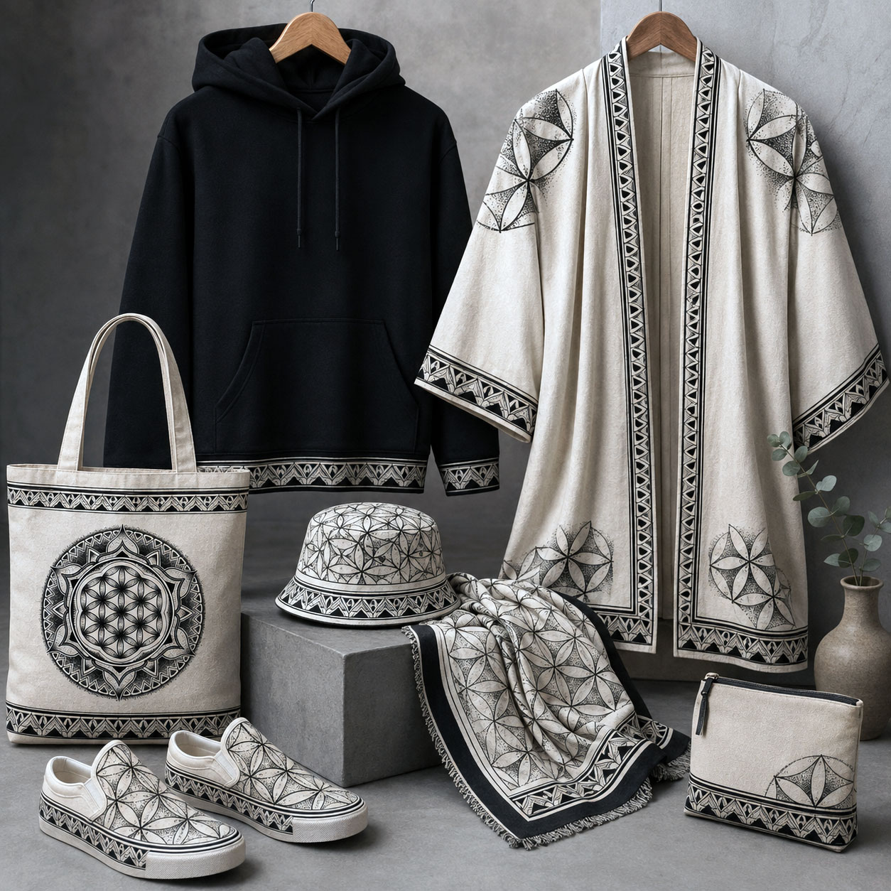 Apparel and accessories featuring the Flower of Life design system.