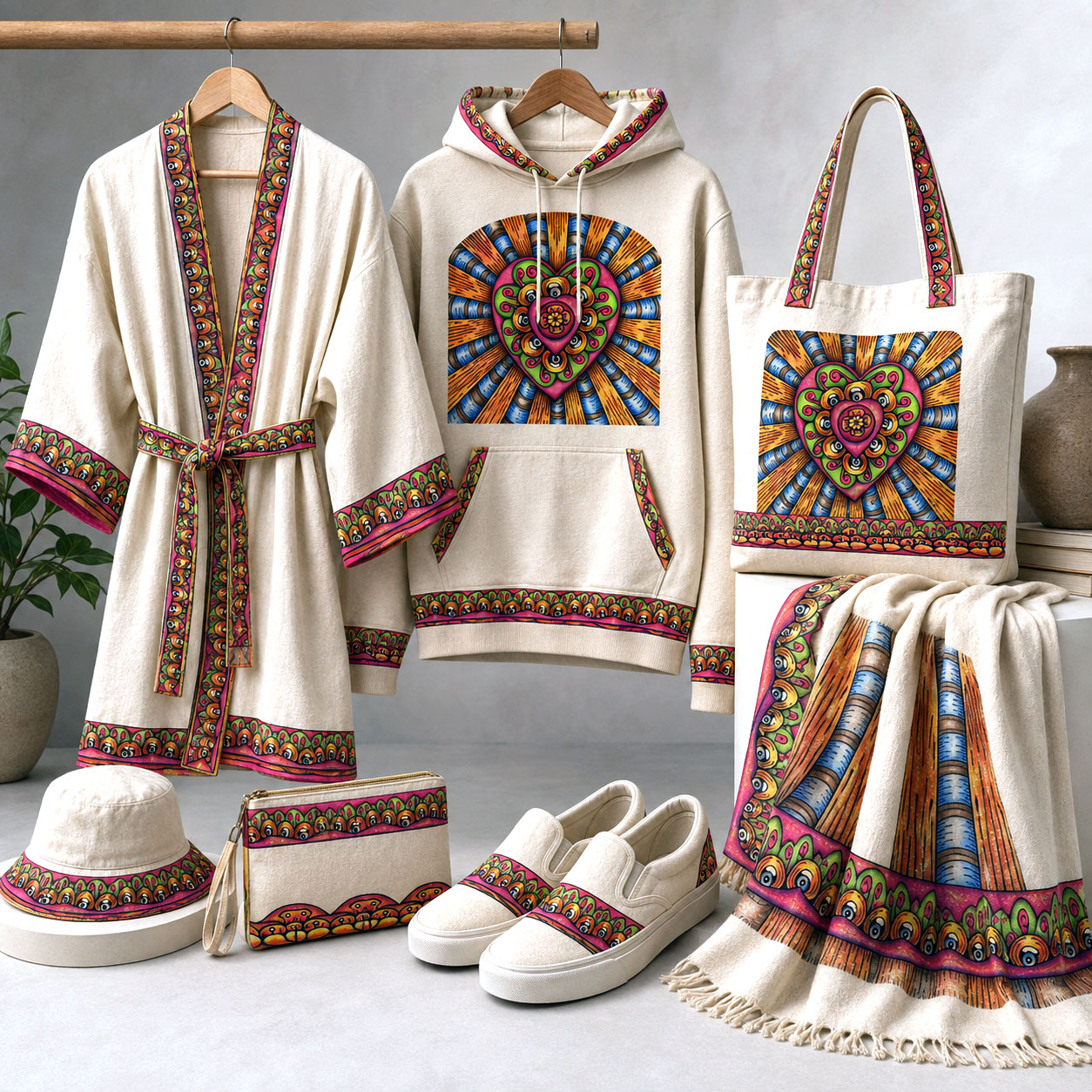Apparel and accessories featuring the Bursting Heart design system.
