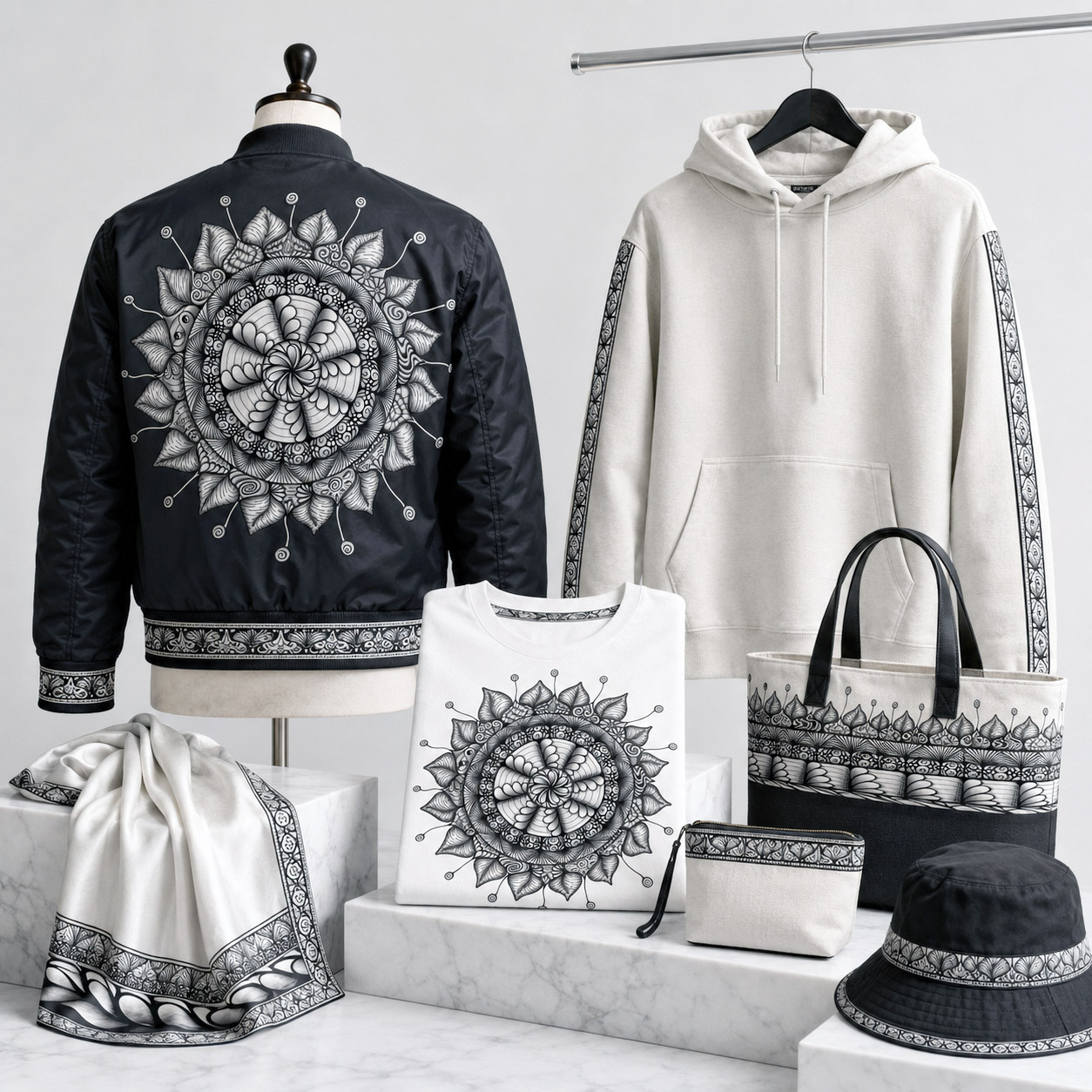 Apparel and accessories featuring the Mesmerize design system.
