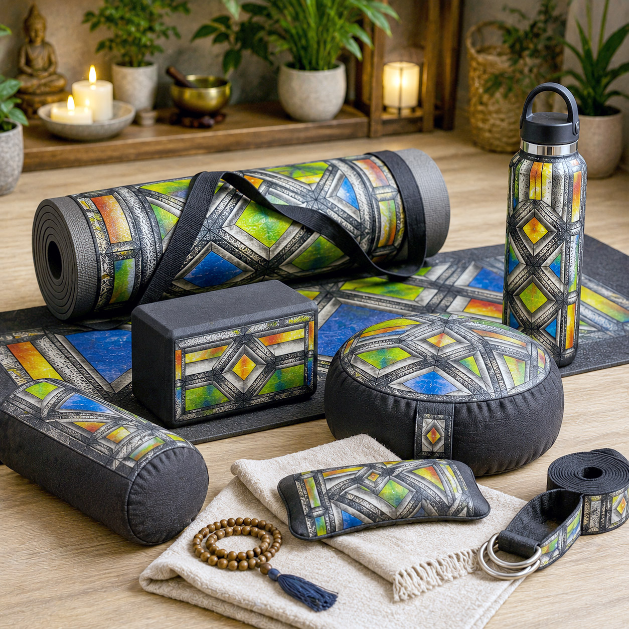 Yoga, meditation, and wellness products featuring the Stained Glass design system.