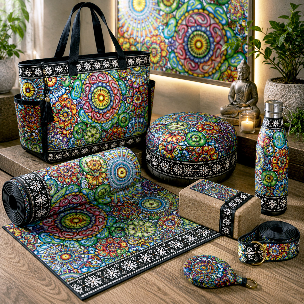 Yoga, meditation, and wellness products featuring Mandala Collage 6.