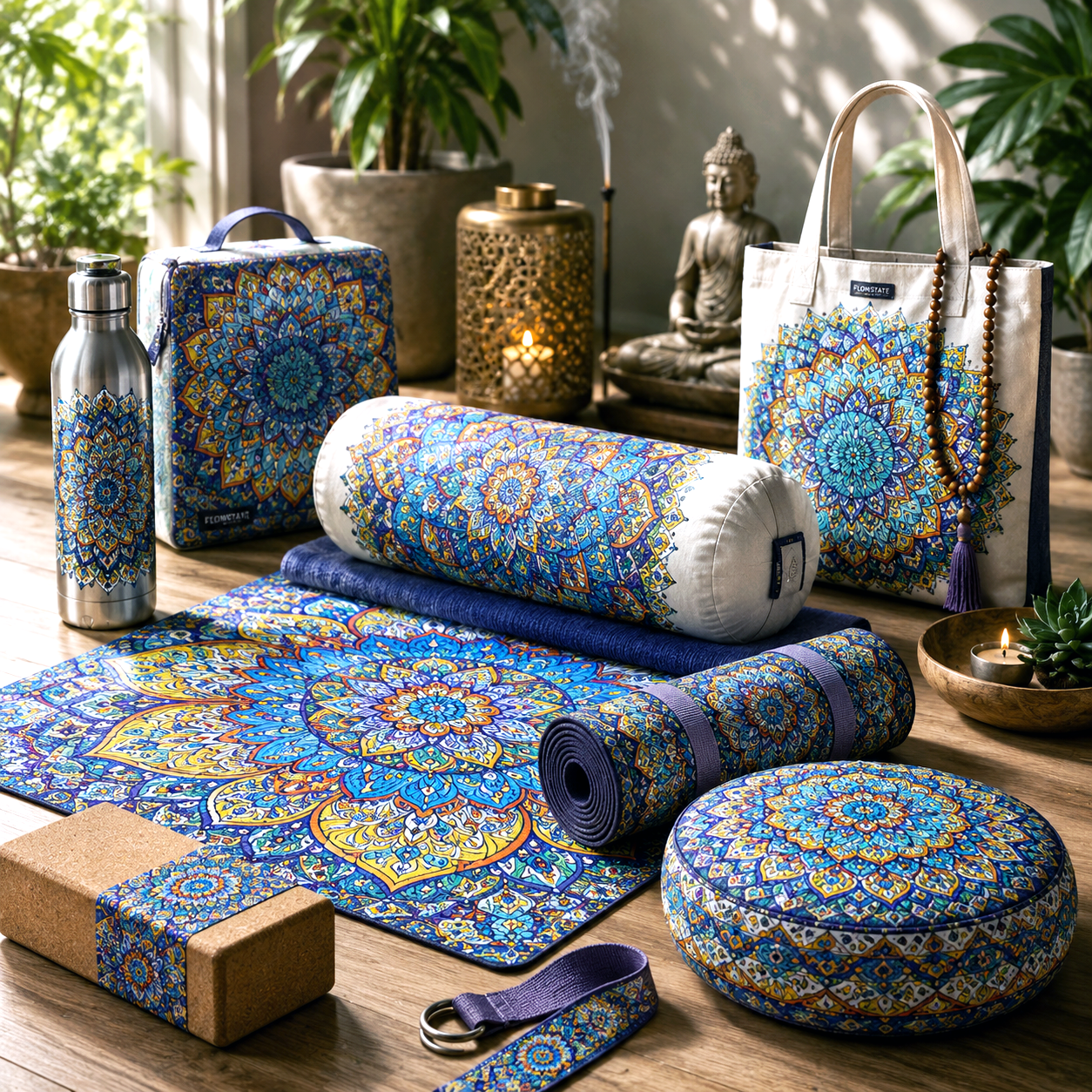 Yoga, meditation, and wellness products featuring the Desert Flame design system.