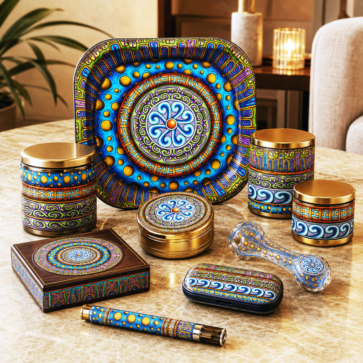 Premium cannabis accessories featuring the Blue Dream design system.