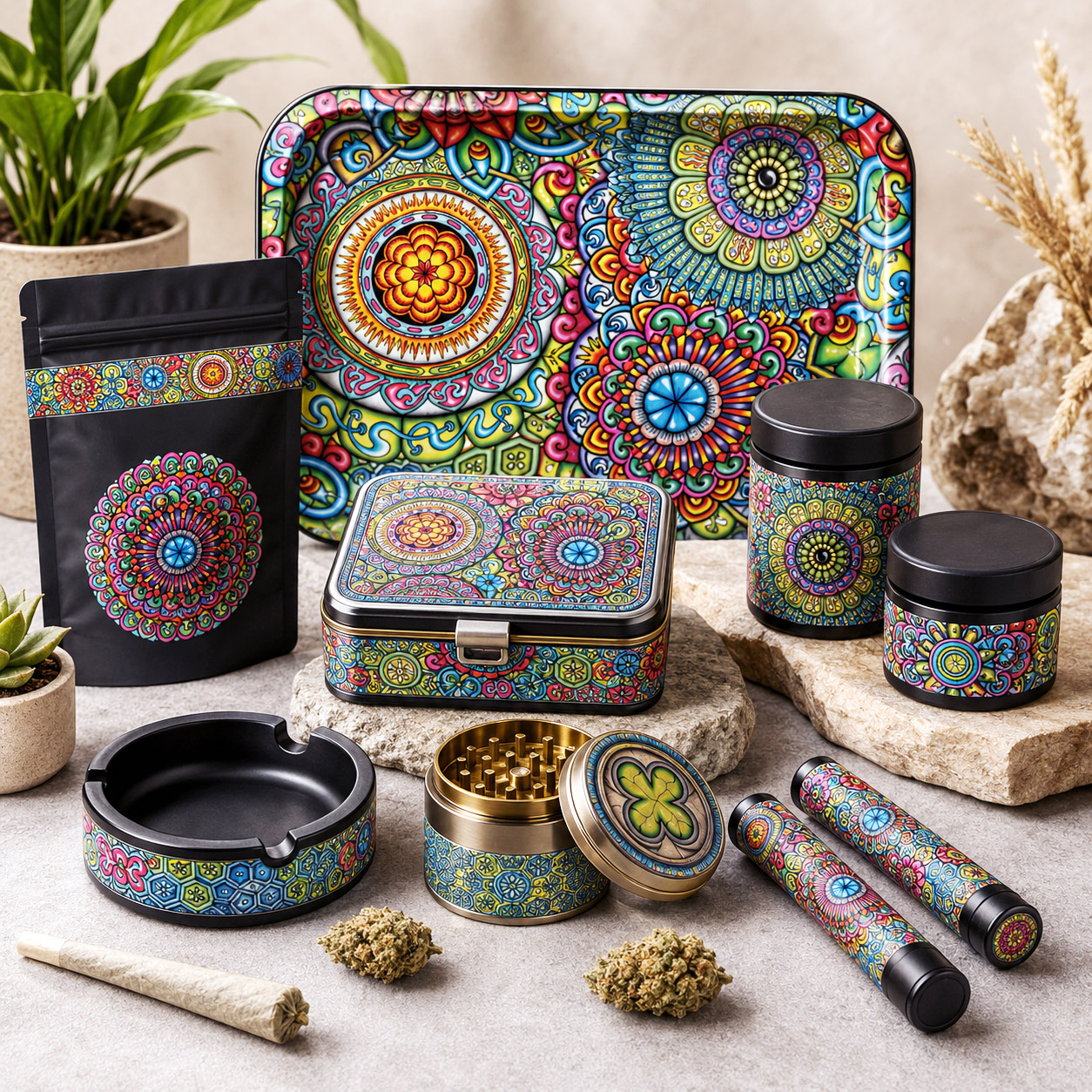 Premium cannabis accessories featuring Mandala Collage 7.