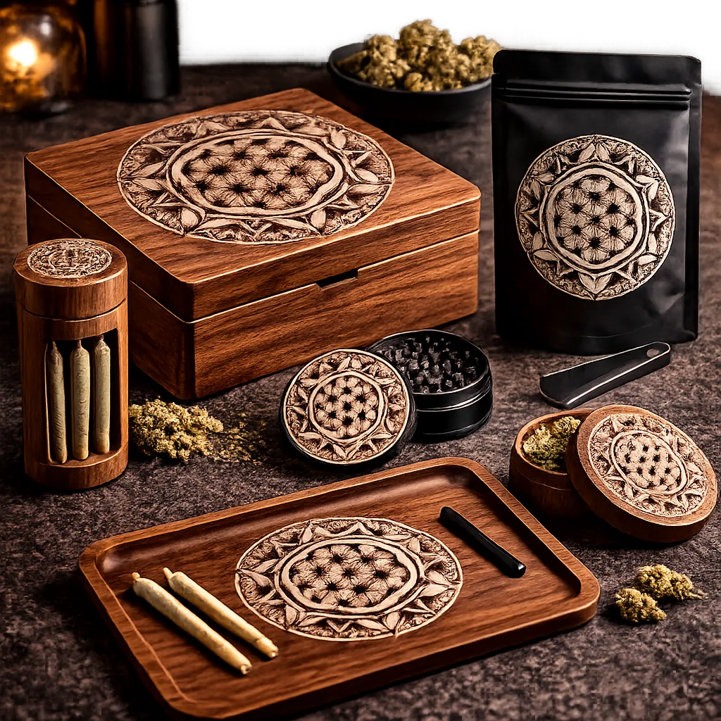Cannabis products and accessories featuring the Flower of Life design system.