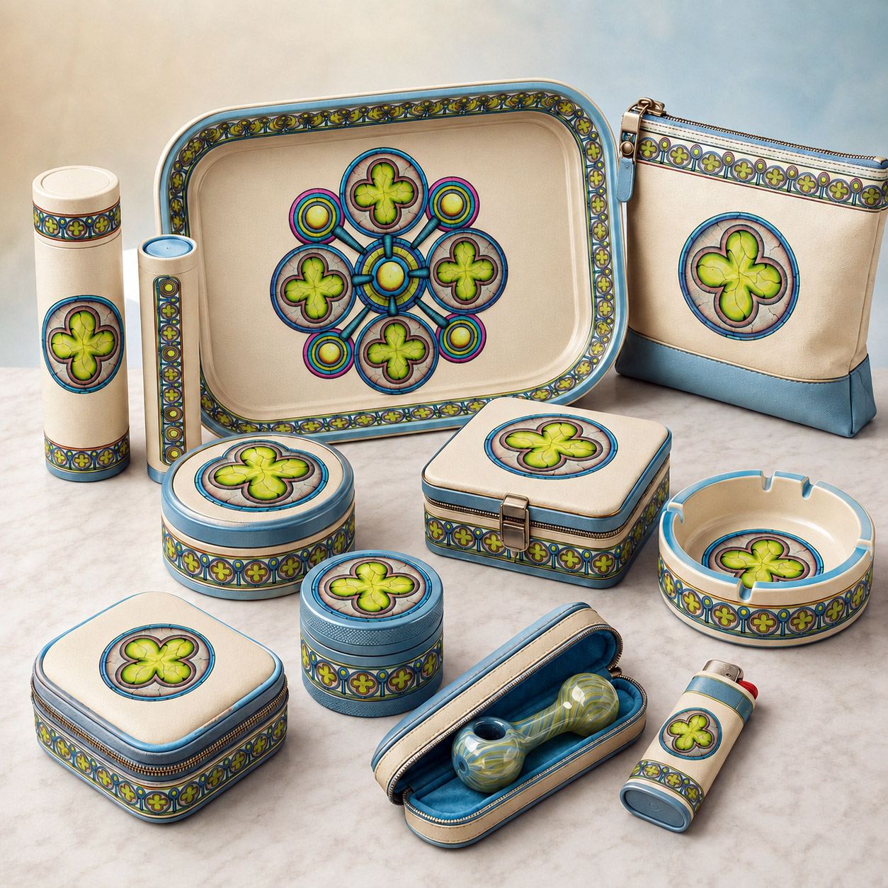 Premium cannabis accessories featuring the Ancestral Luck design system.