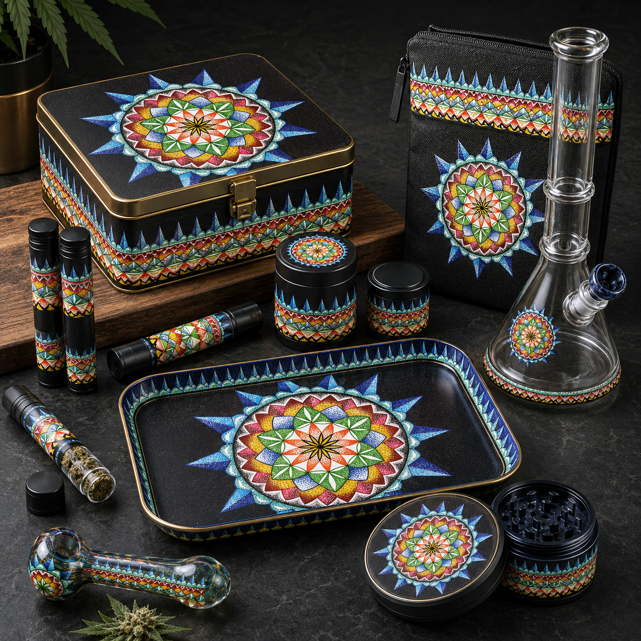 Premium cannabis accessories featuring the 420 Sacred Geometry design system.
