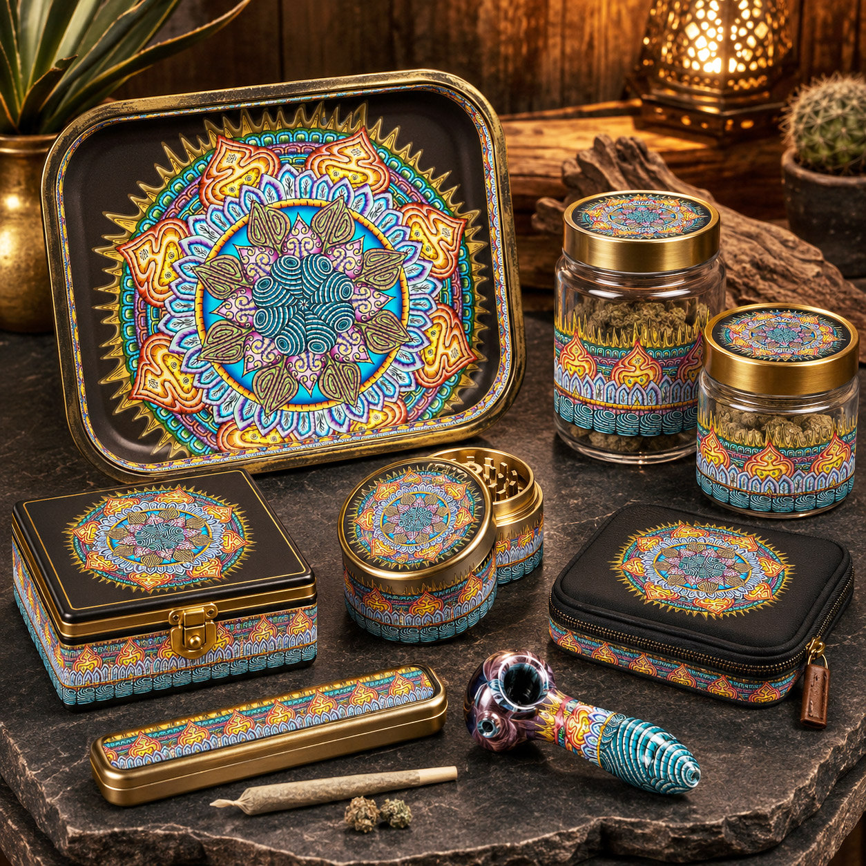 Premium cannabis accessories featuring the Desert Flame design system.