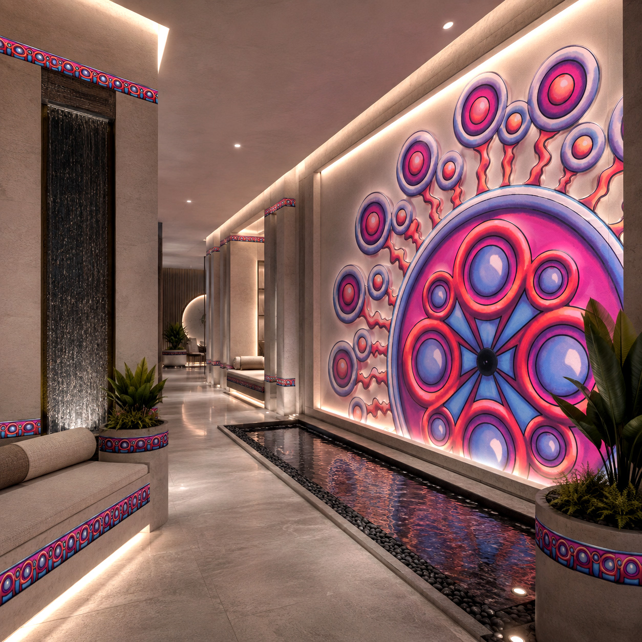 Retail and commercial lobby featuring the Corona de Mandala design system.