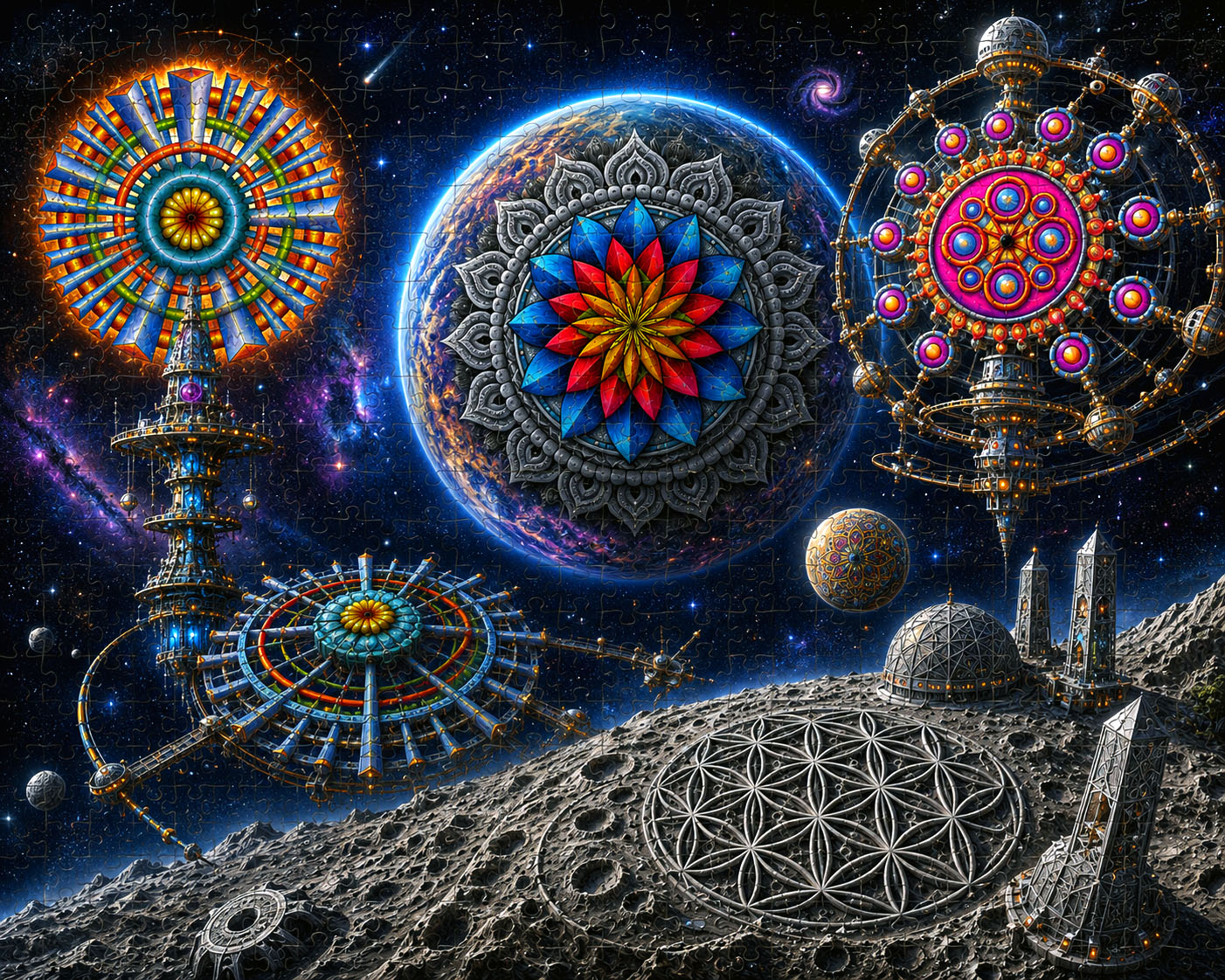 Cosmic Flow jigsaw puzzle concept featuring Flowstate mandala artwork.