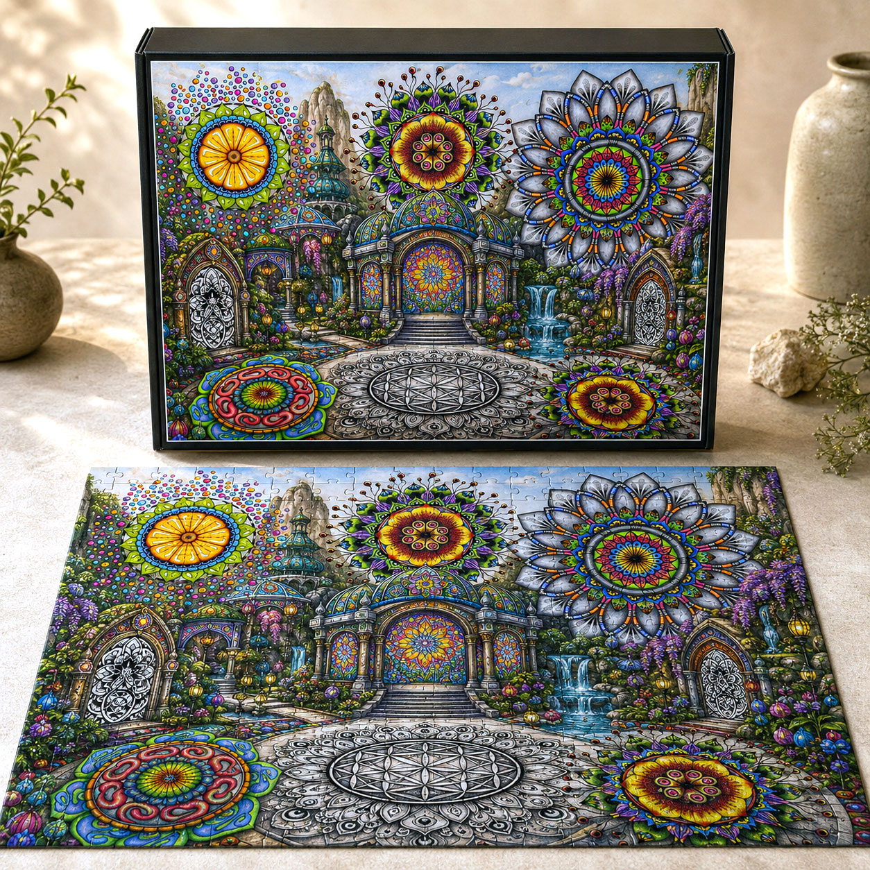Embedded-world jigsaw puzzle concept integrating Flowstate mandala artwork into the scene.