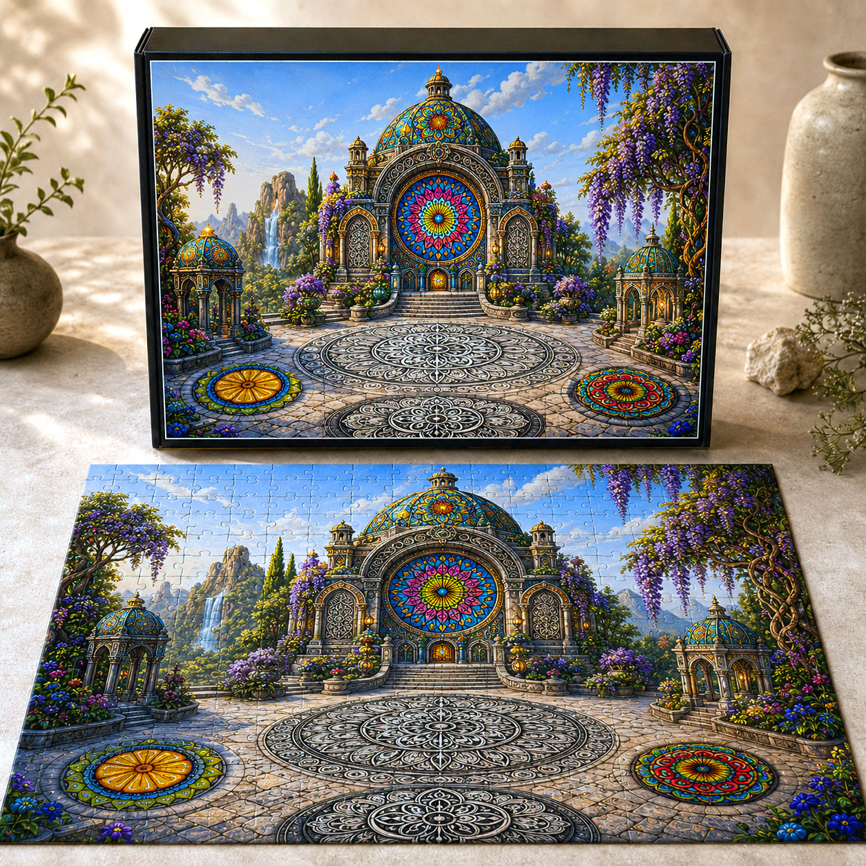 Mandala River jigsaw puzzle concept featuring Flowstate artwork integrated into a river landscape.