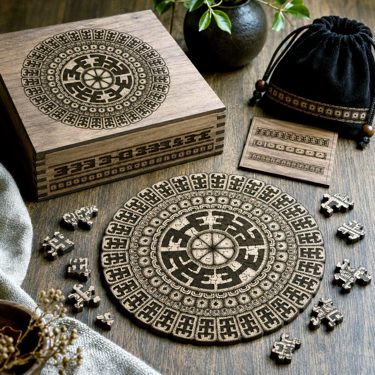 Laser-cut wooden jigsaw puzzle featuring the Komo design system.