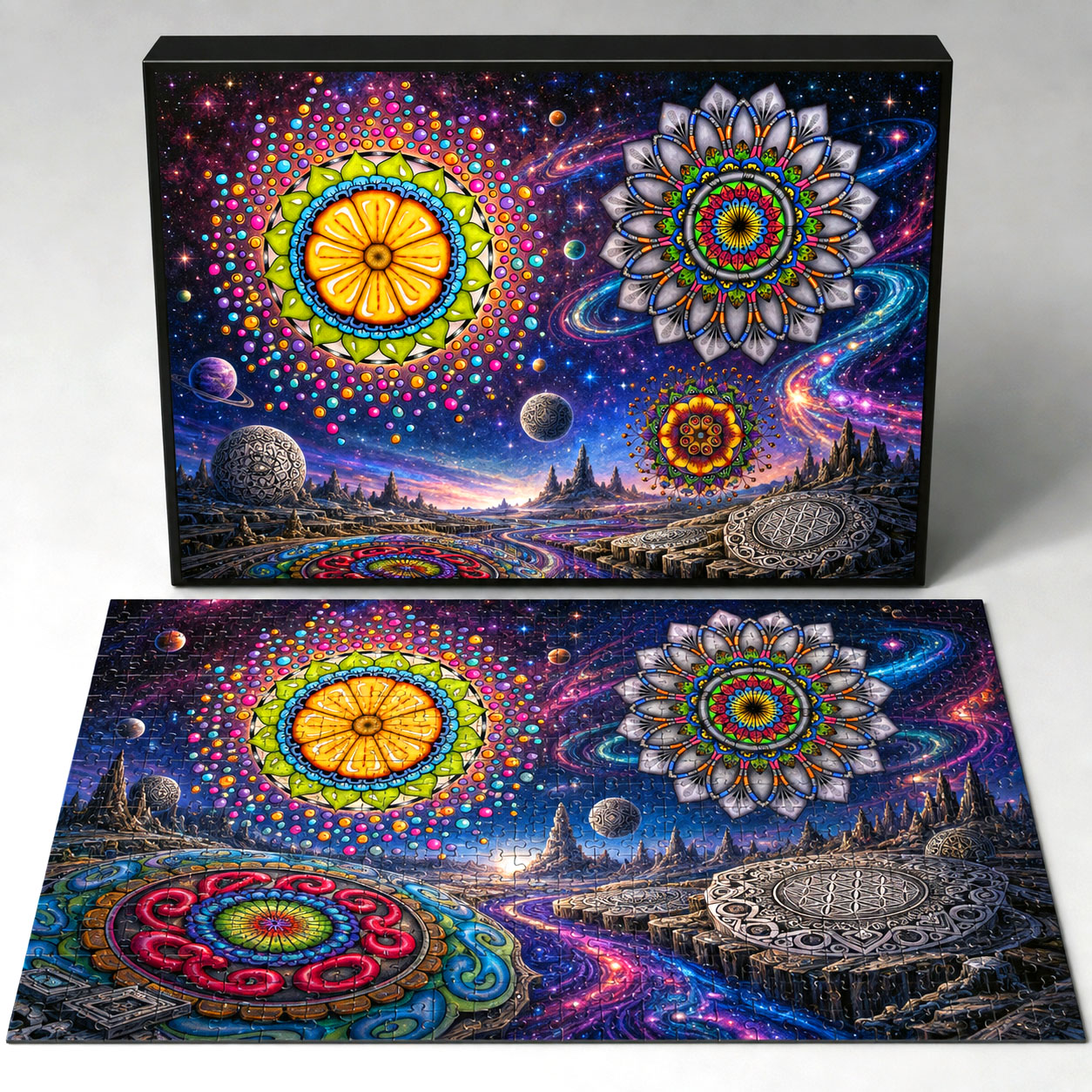 Cosmic Flow jigsaw puzzle concept featuring integrated Flowstate mandala artwork.