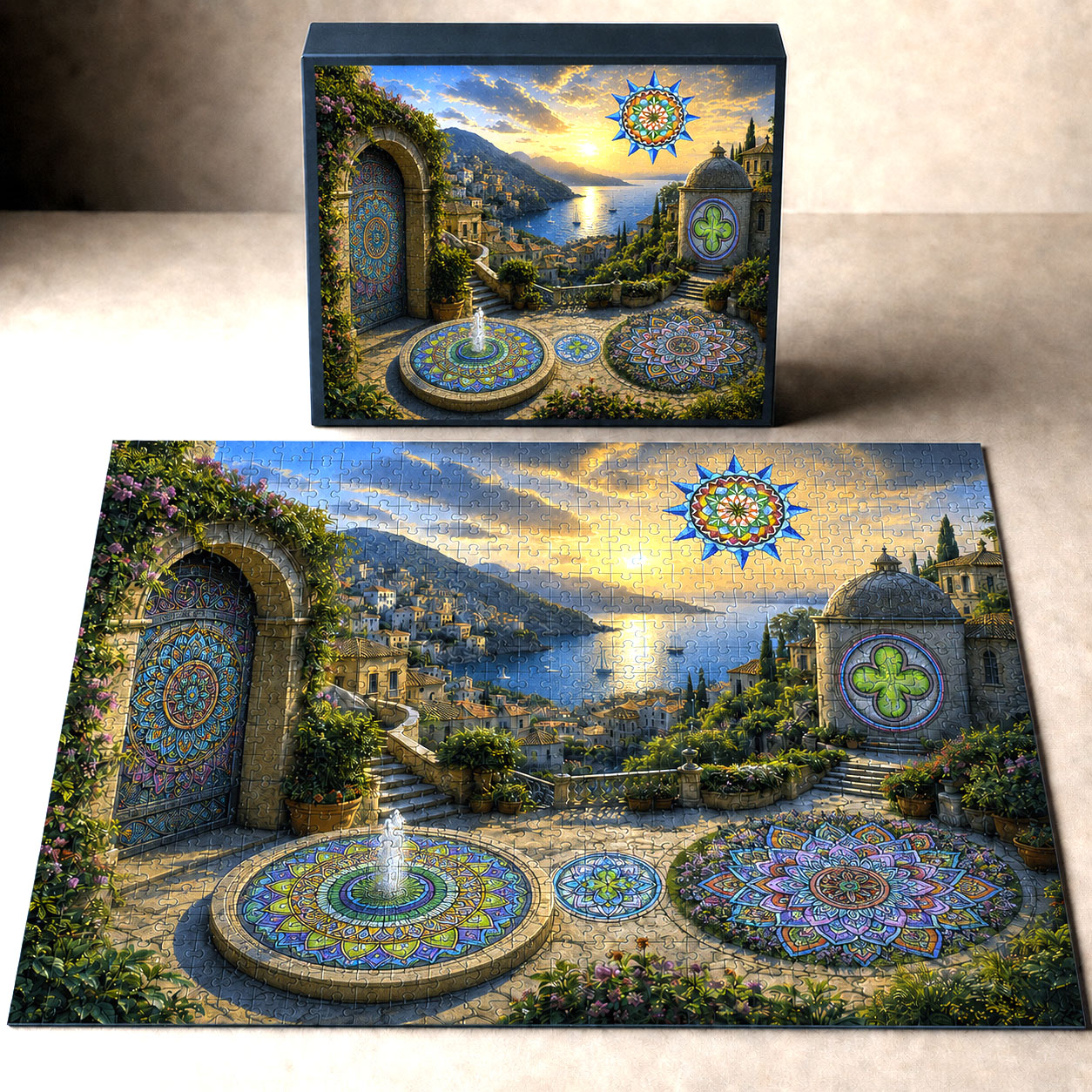 Flowstate Sanctuary jigsaw puzzle concept featuring integrated mandala artwork.