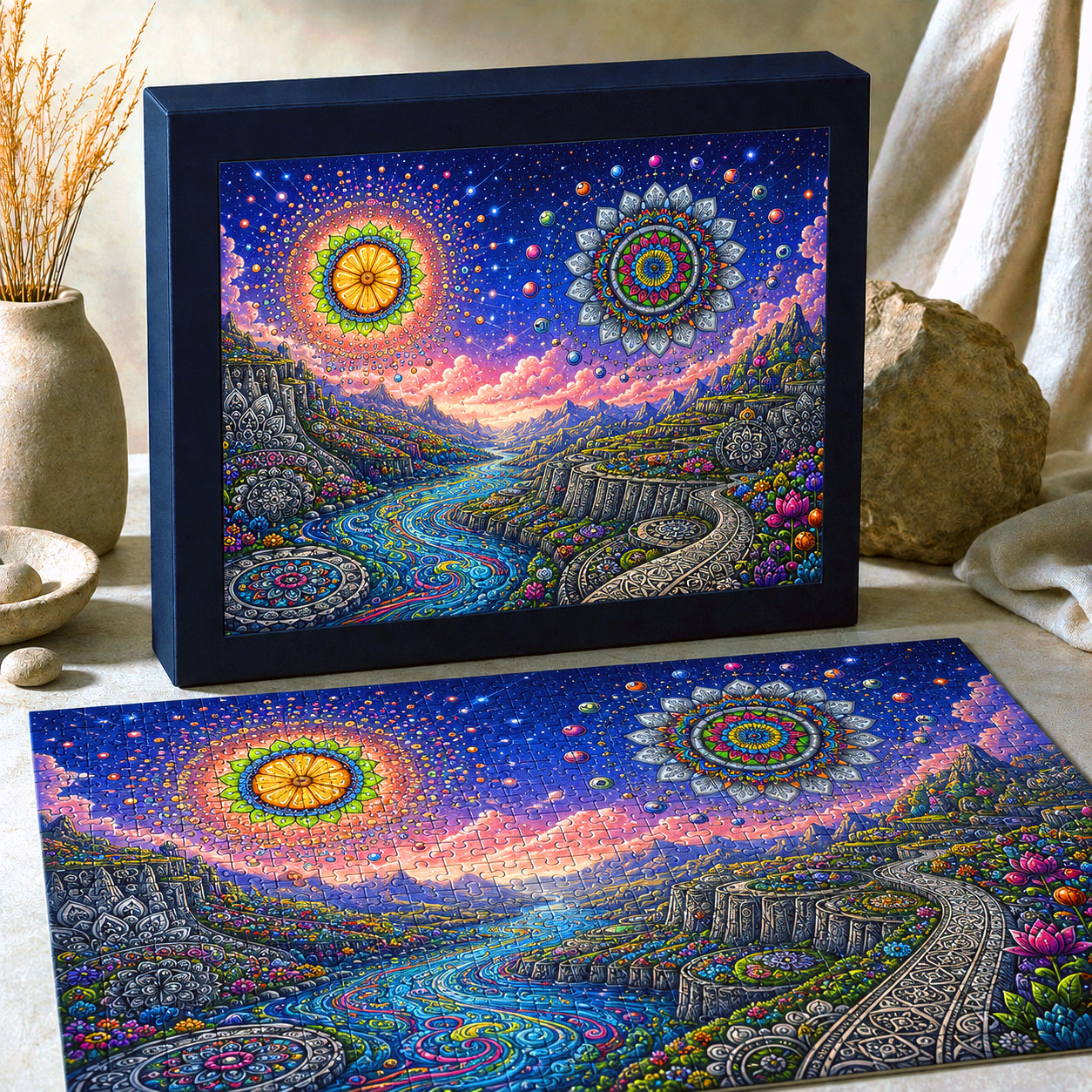 Mandala River jigsaw puzzle concept featuring Flowstate artwork integrated into a river landscape.