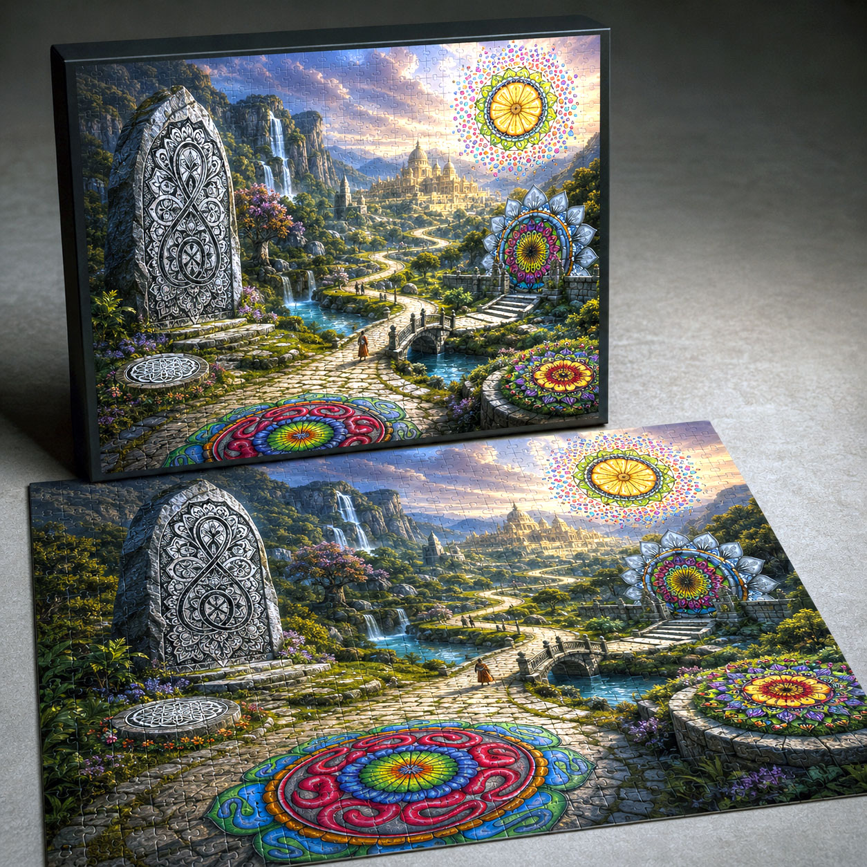 Mandala Journey jigsaw puzzle concept featuring Flowstate artwork across a staged landscape.