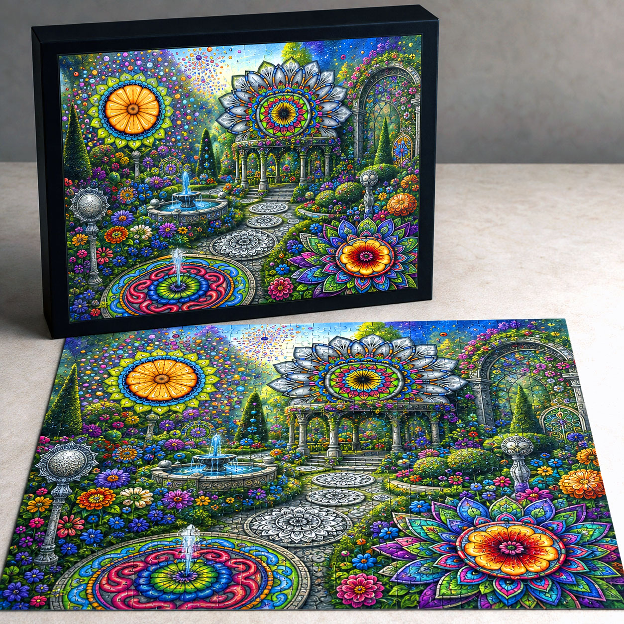 Mandala Garden jigsaw puzzle concept featuring Flowstate artwork in a garden scene.